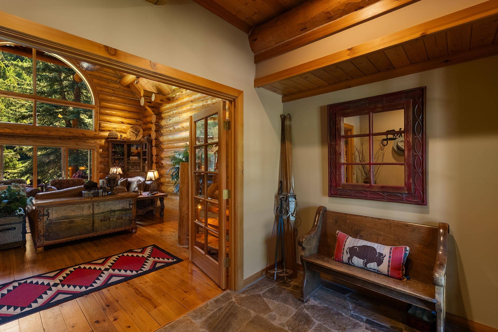 log home interior with forest views montana gallatin riverfront retreat in big sky