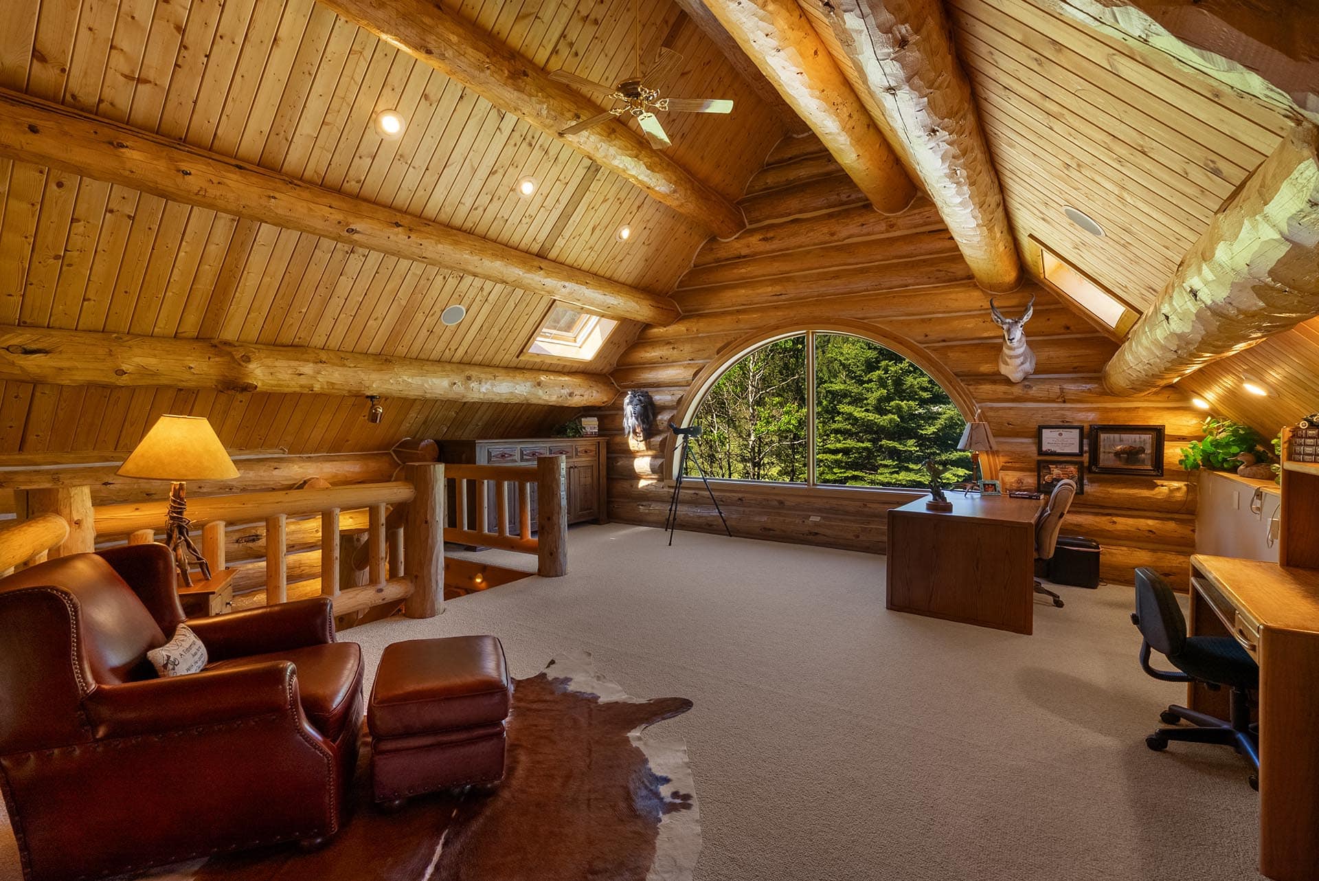 log home office with forest window montana gallatin riverfront retreat in big sky