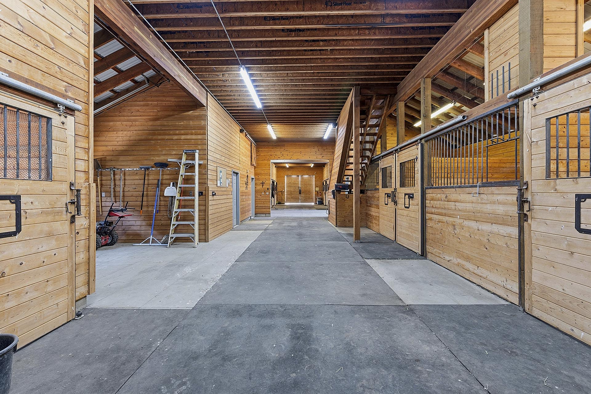 Inside a wooden horse stable with stalls on both sides and a central concrete aisle.