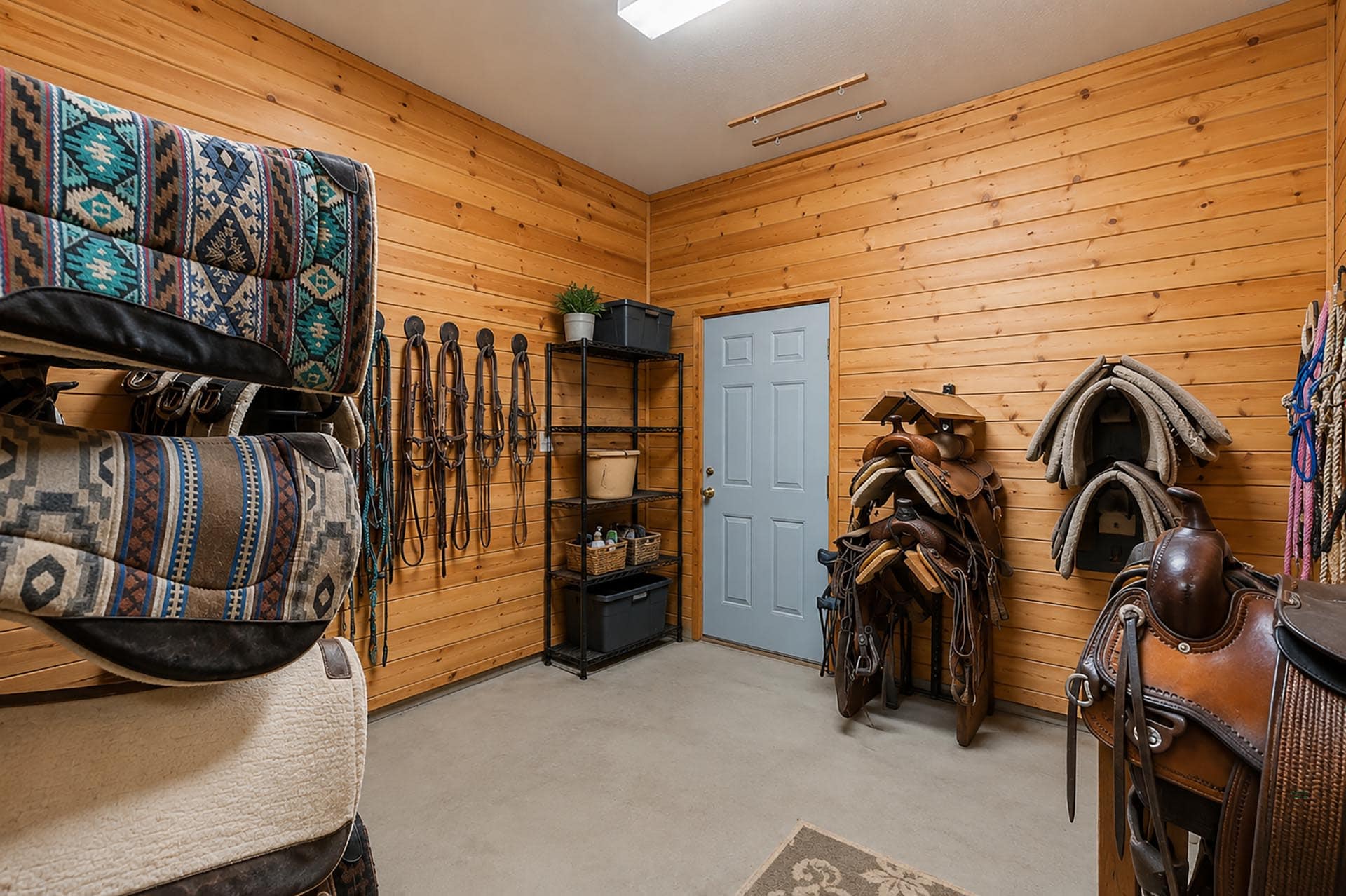 Interior of a horse tack room with saddles and blankets on racks along wooden paneled walls.