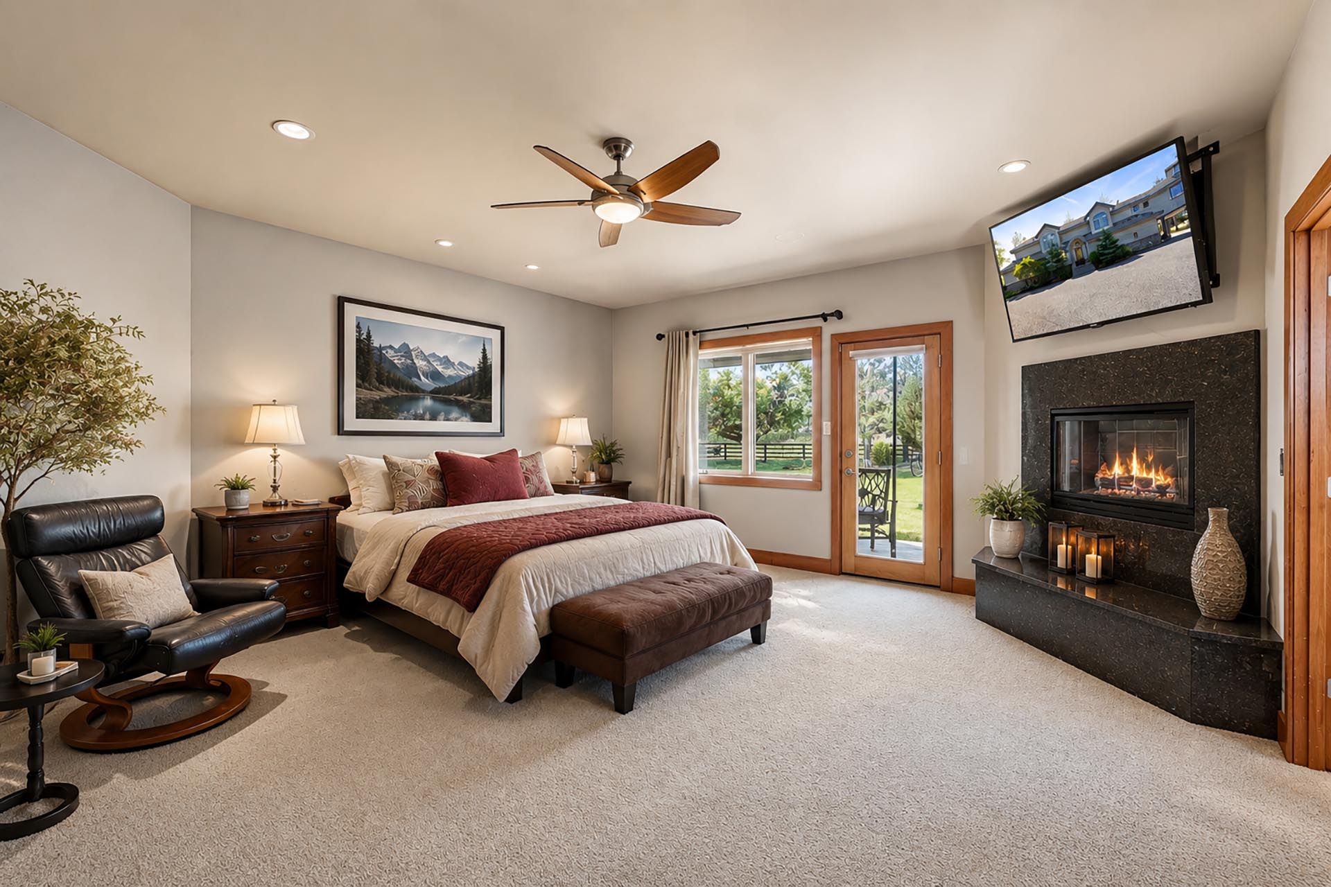 Cozy bedroom with king bed, two nightstands, and a lit fireplace on a dark stone mantle; TV mounted above.