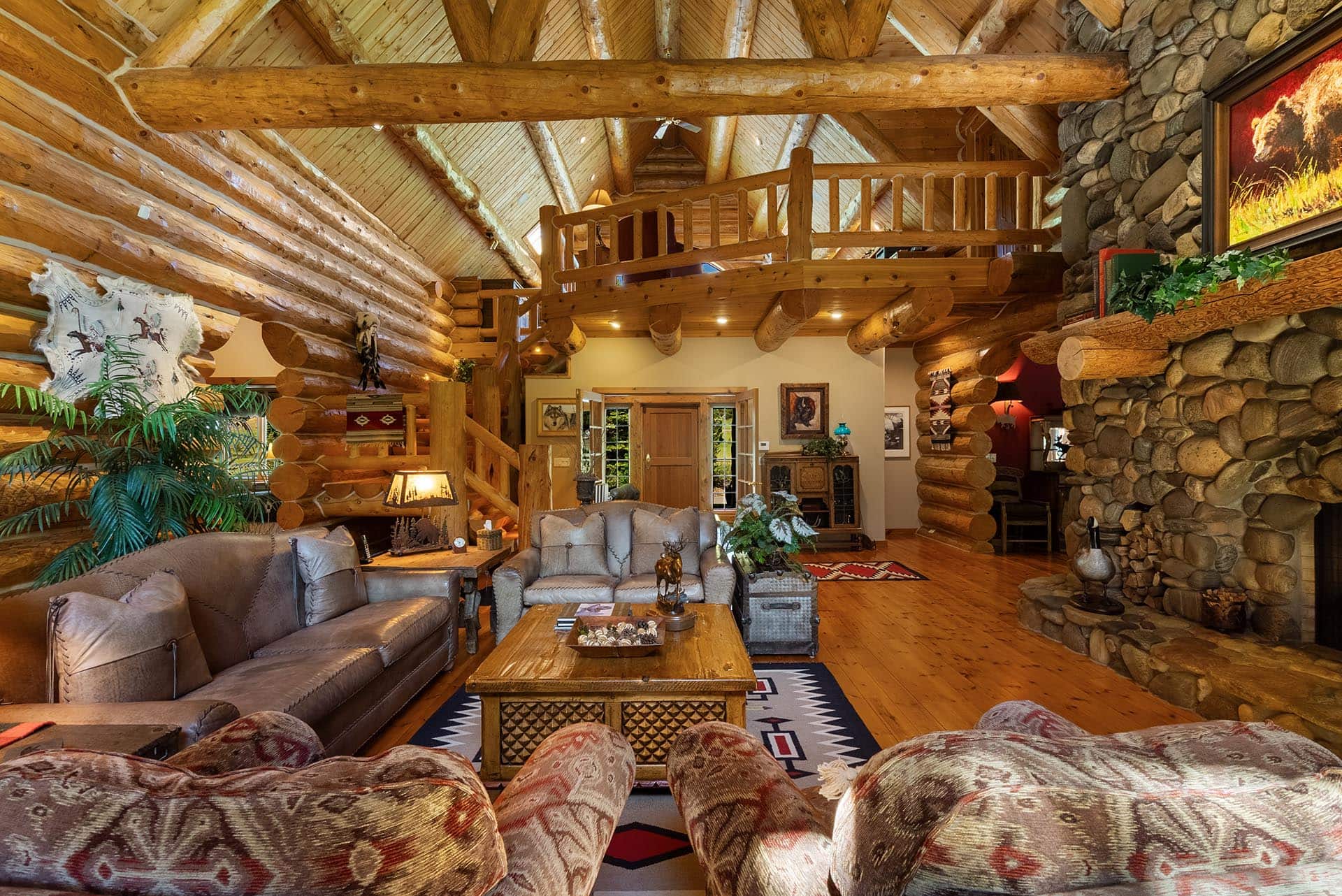 luxury log home great room montana gallatin riverfront retreat in big sky