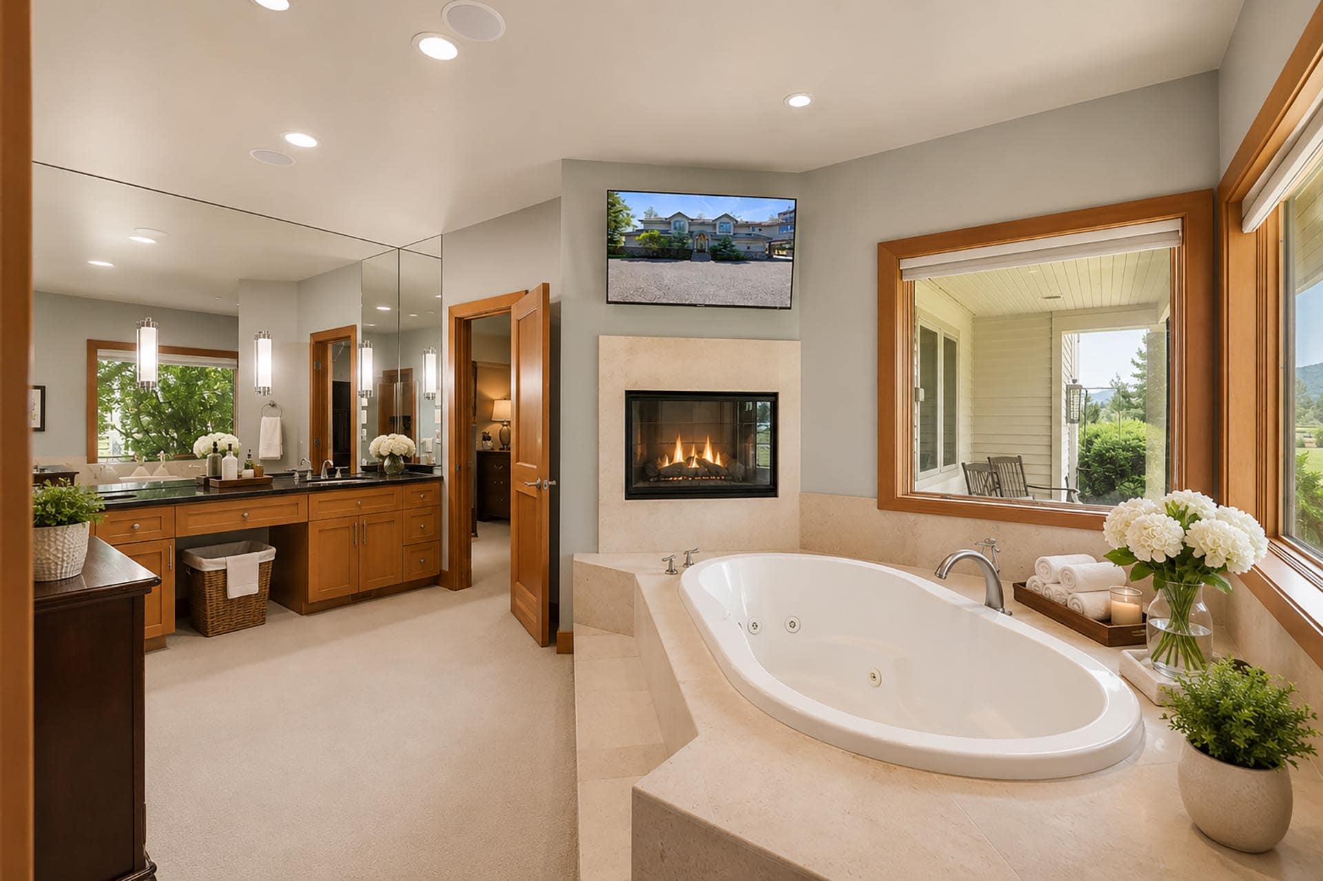 Luxurious bathroom with a large corner soaking tub, stone surround, and a fireplace under a wall-mounted TV.