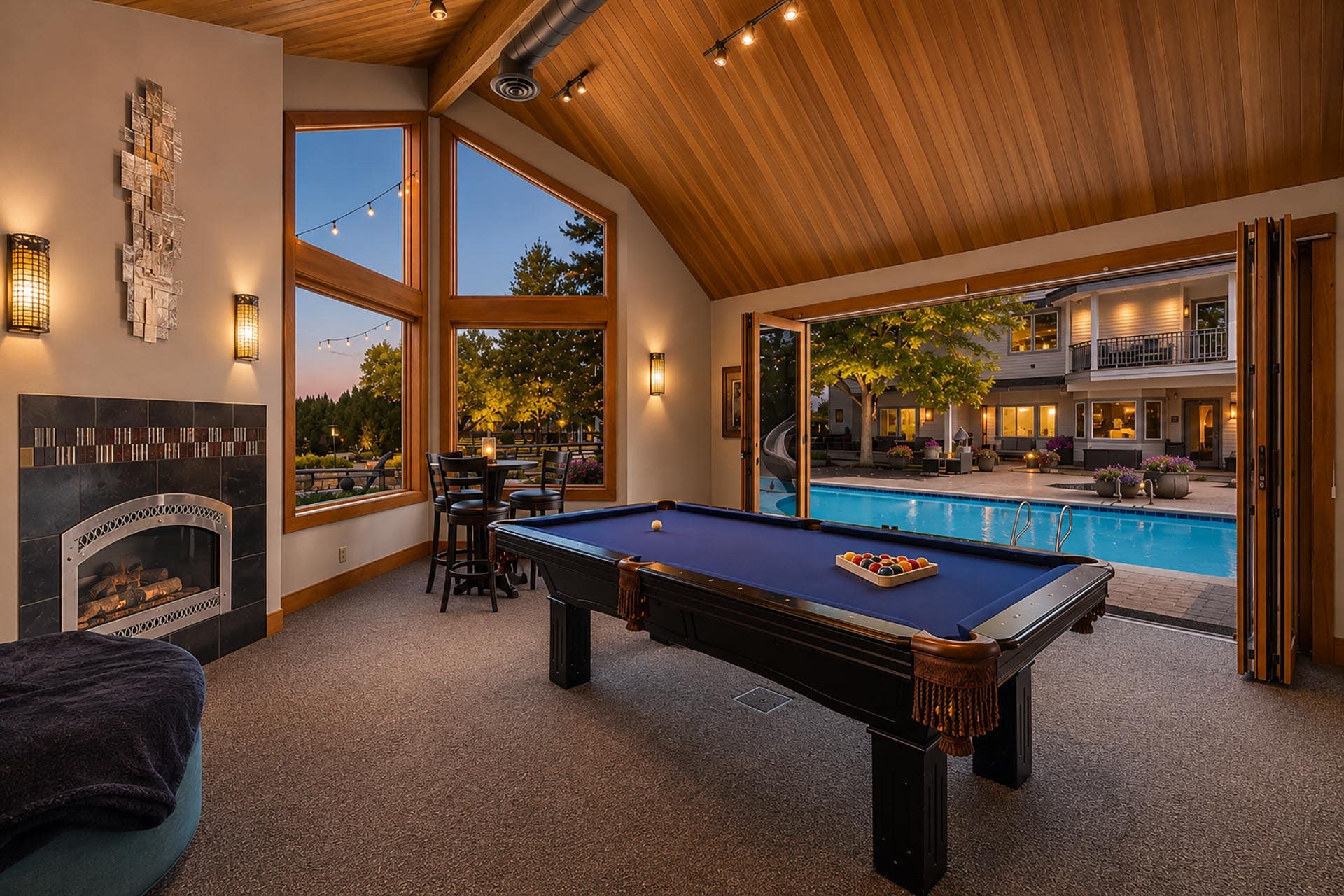 Indoor game room with a pool table, fireplace, and large windows showing an outdoor pool area at dusk.