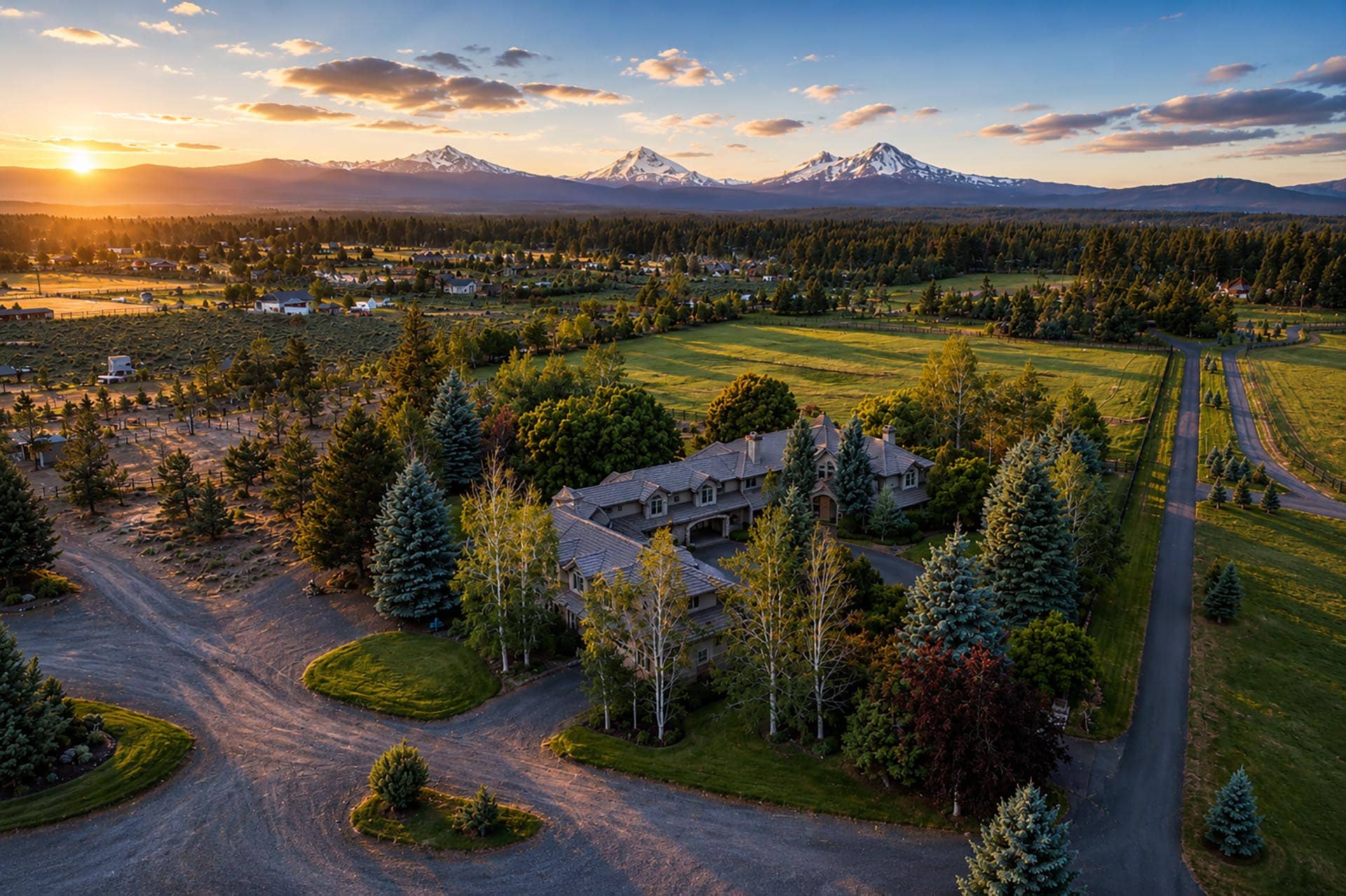 Aerial view of a suburban neighborhood at sunset with a distant snow-capped mountain range in the background.