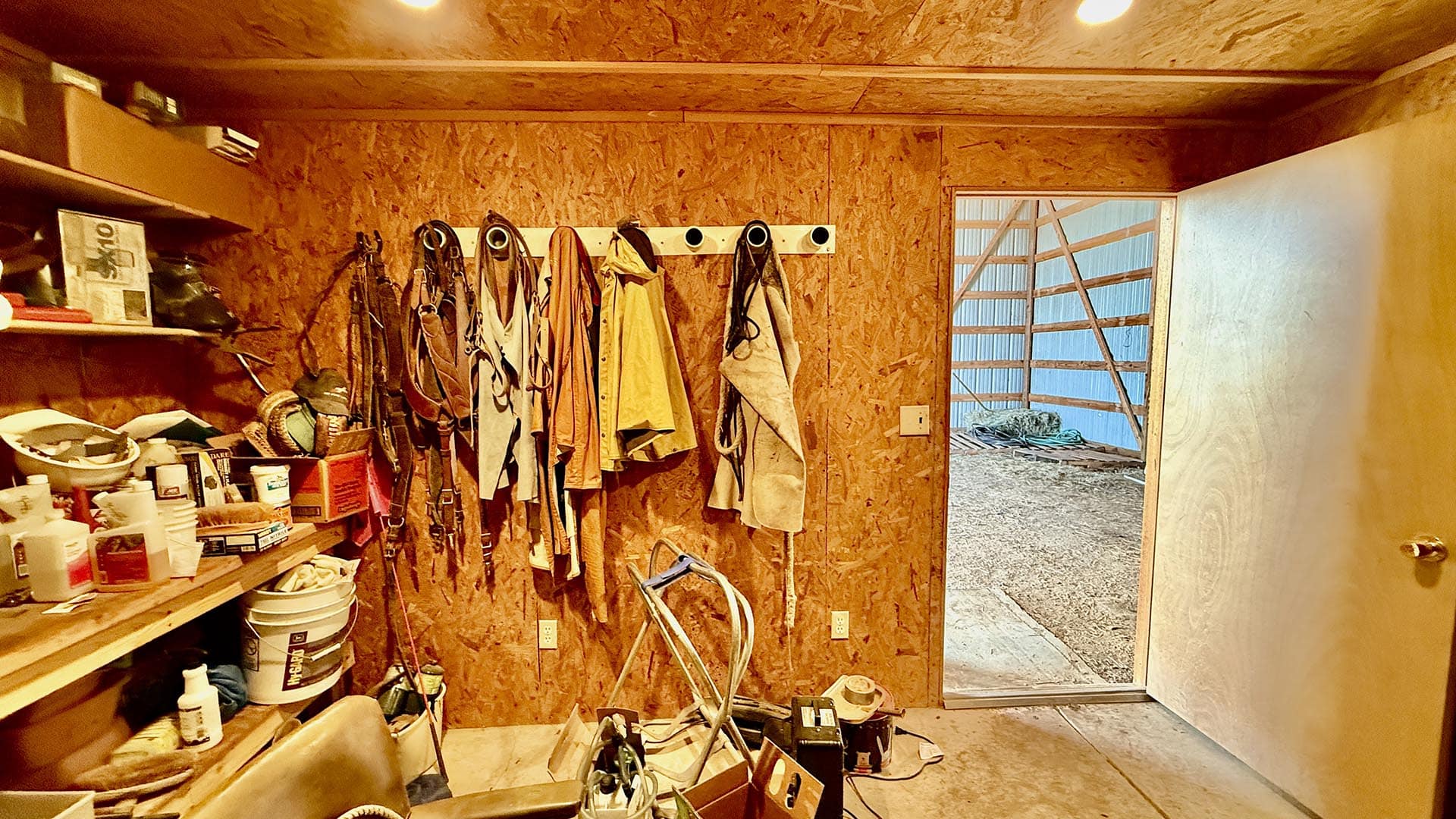 Cluttered wooden workshop with jackets hanging on a wall rack, shelves of tools and bottles, and a doorway to an outdoor shed.