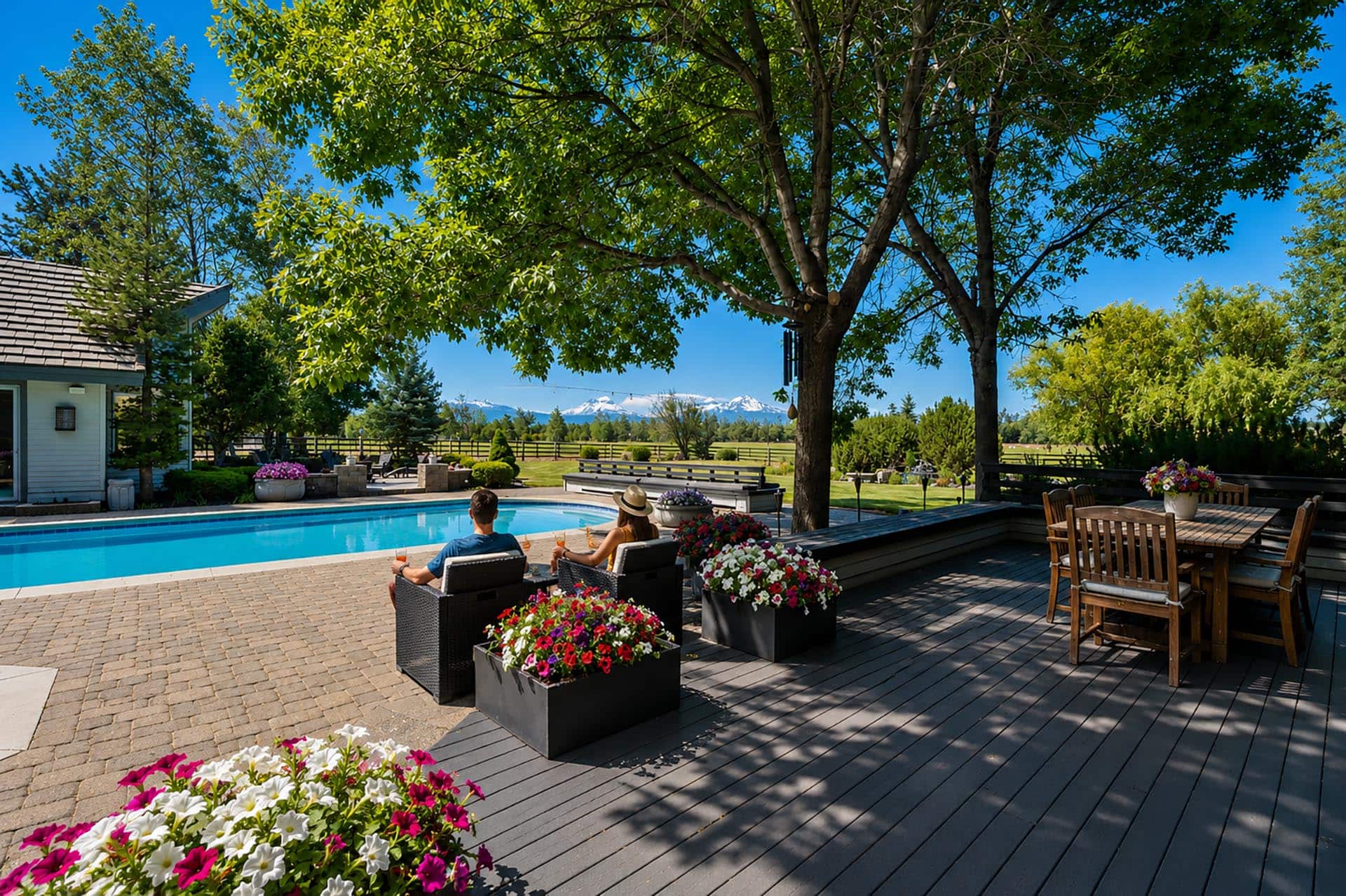 People lounging poolside on a wooden deck with colorful planters, trees, and a mountain view under a blue sky, sunny day.