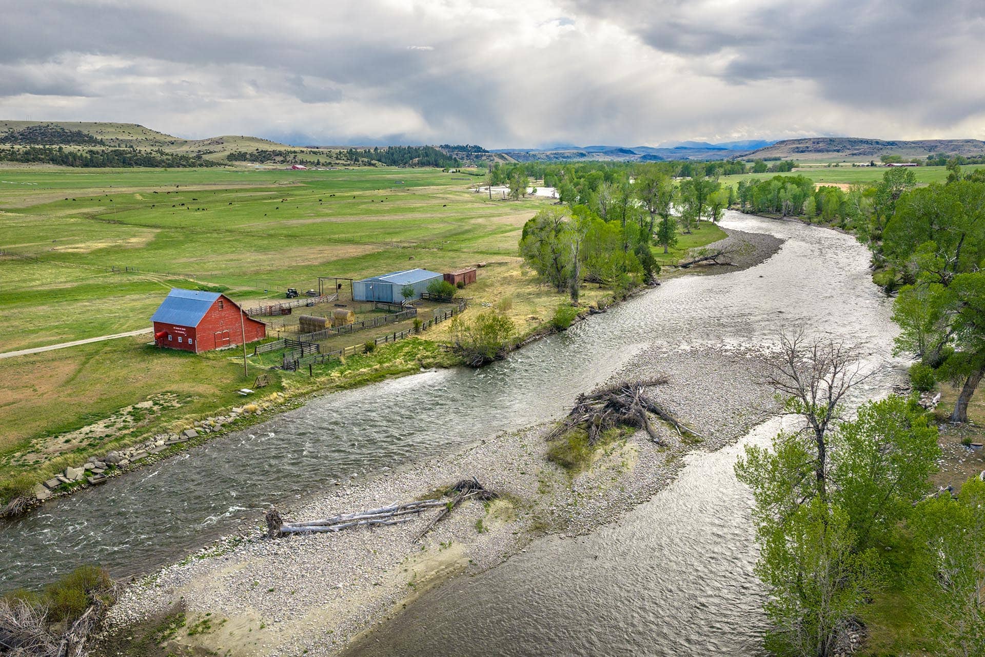 river frontage with barn and cattle pastures montana stillwater riffle ranch