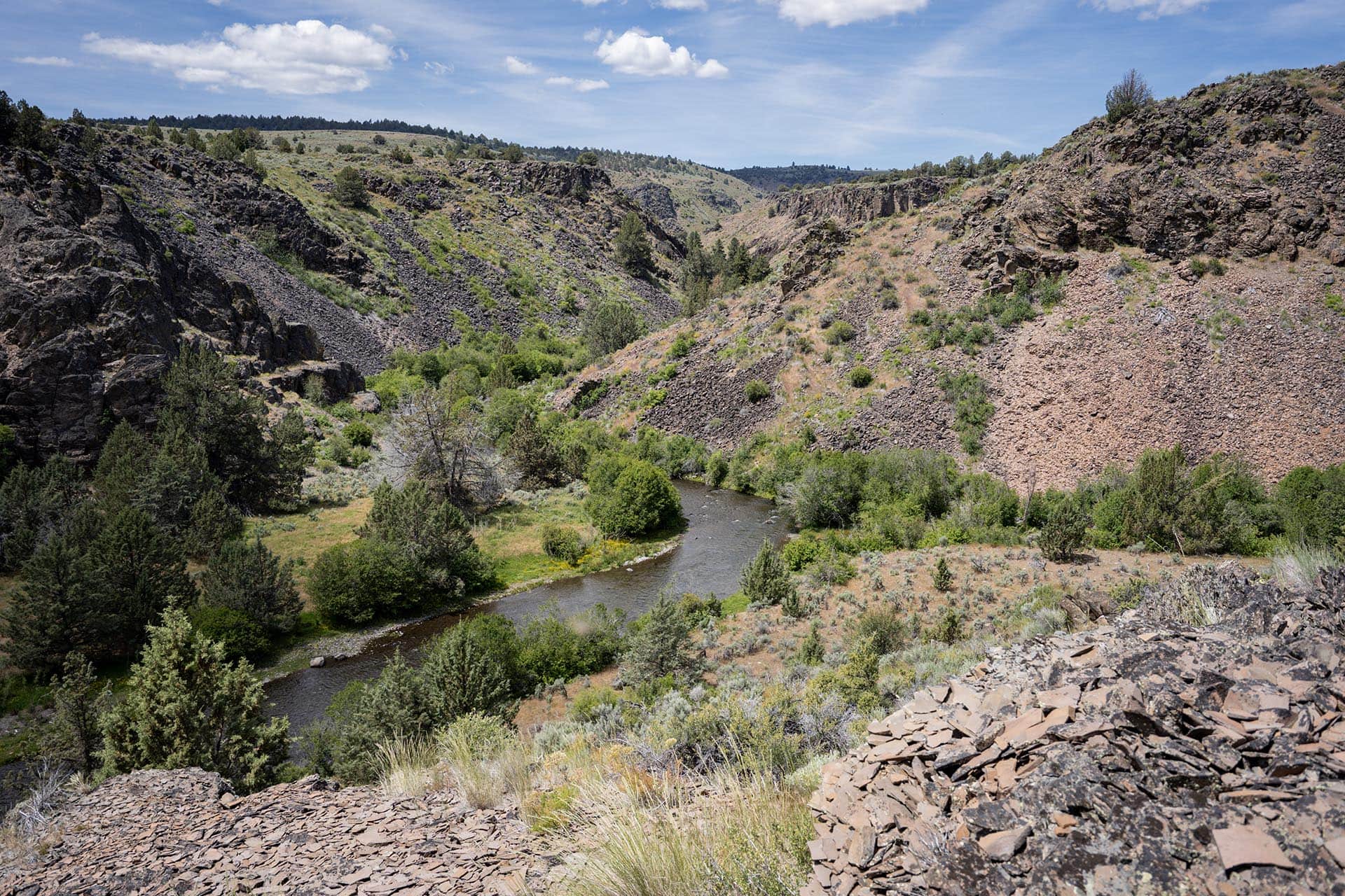 Rugged canyon landscape with steep rocky walls, a winding river at the base, and green trees along the shore under a blue sky