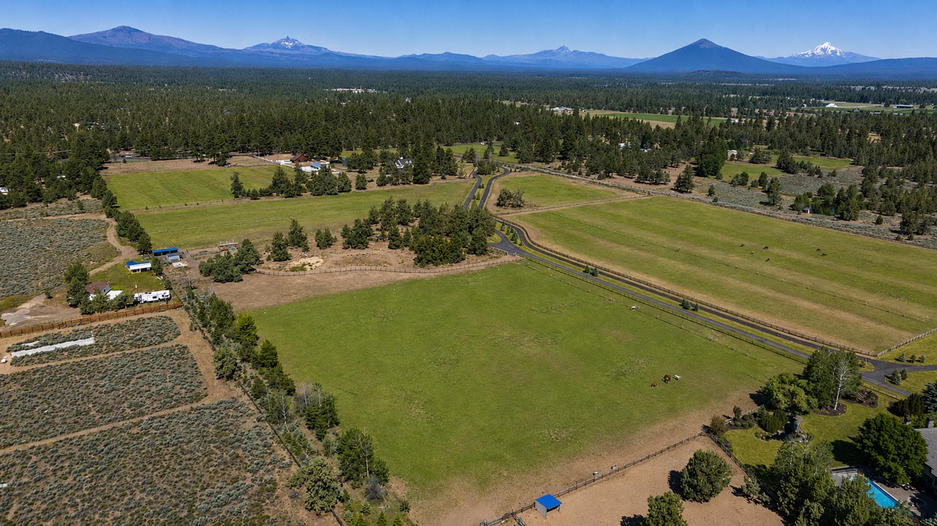 Aerial view of rural farmland with green fields, fences, and a winding road, with mountains in the distance under a clear blue sky.