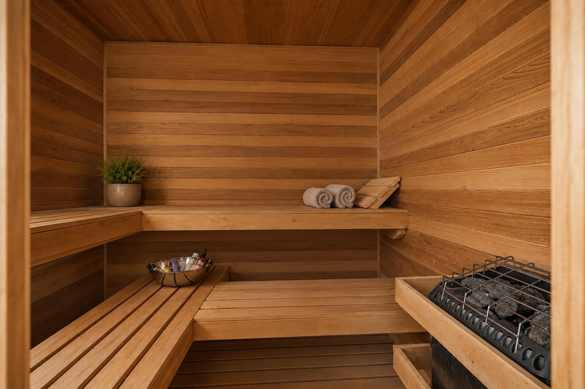 Wood-paneled sauna interior with staggered benches, a small potted plant on the back bench, and rolled towels beside a heater on the right.