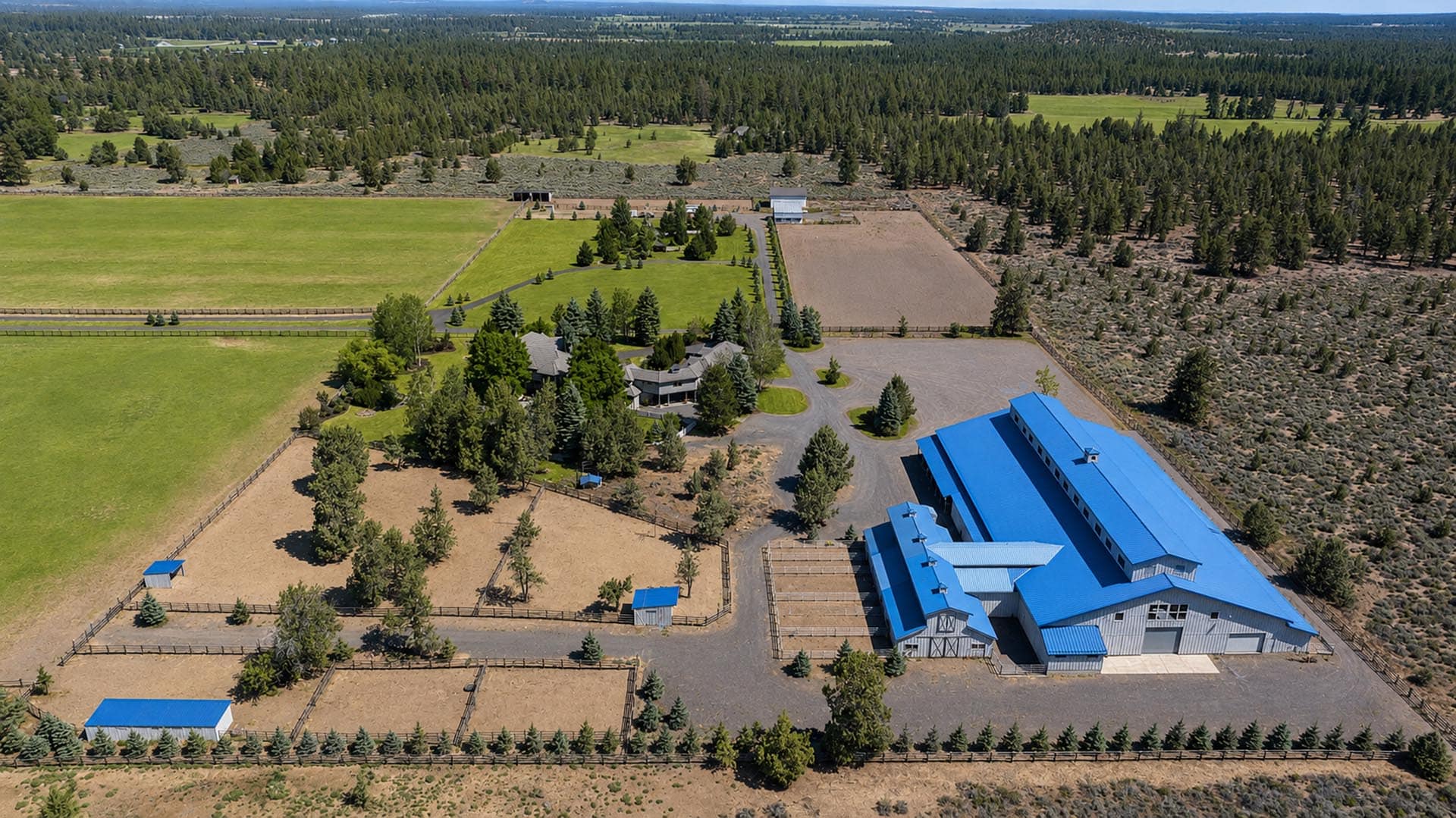 Aerial view of a rural estate with blue-roofed barns, fenced arenas, and surrounding evergreen trees