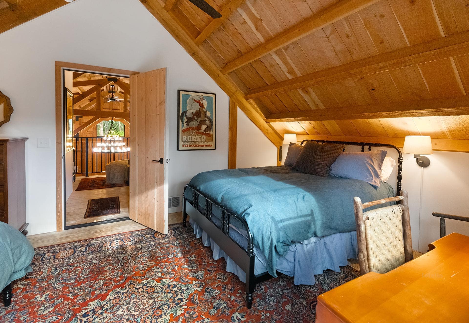 timber frame bedroom interior for sale montana bozeman creekside hideaway