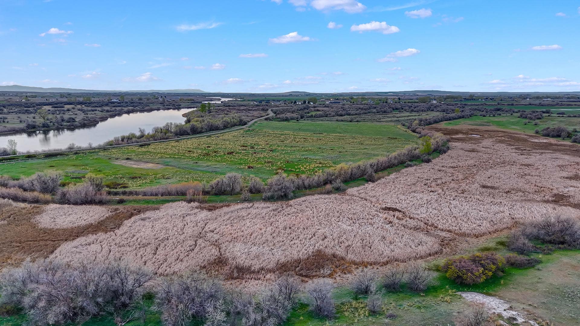 Aerial view of a winding river cutting through green fields and brown scrubland under a bright blue sky with scattered clouds.