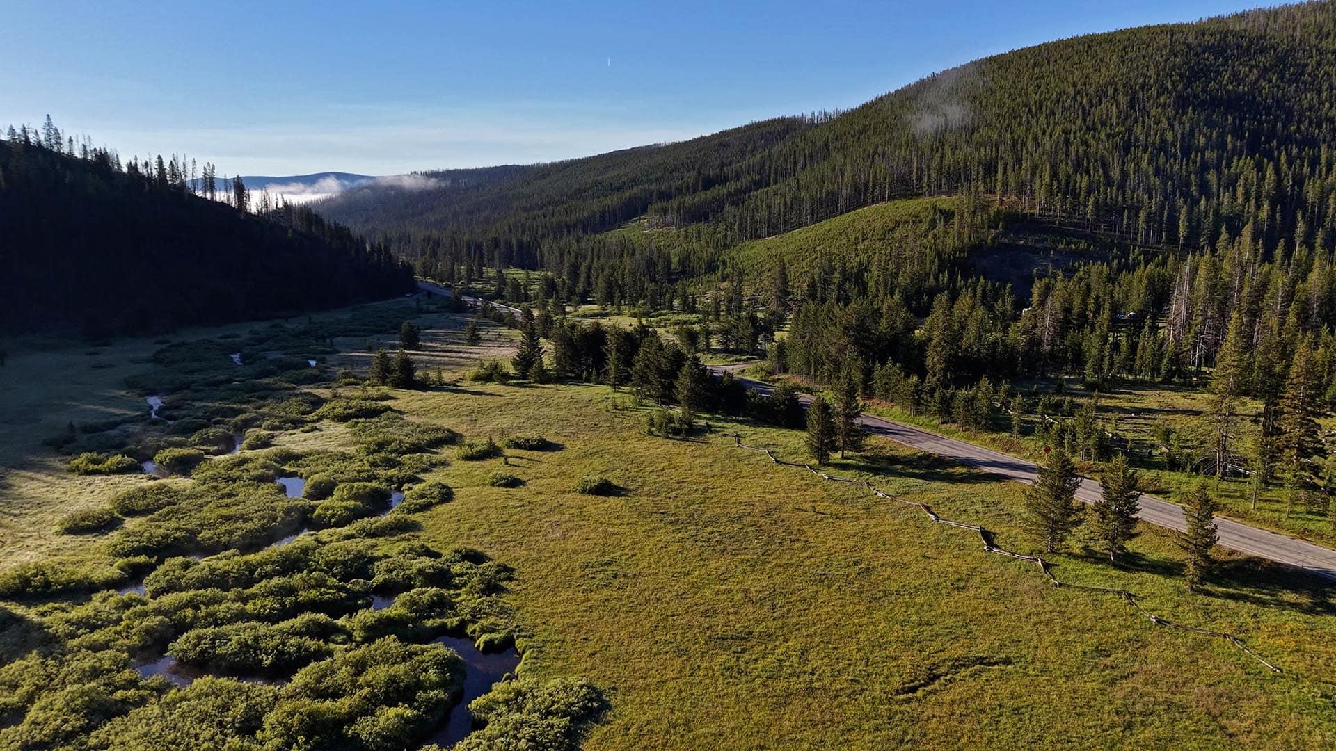 Aerial view of a green valley with scattered shrubs, a winding road, and forested hills under a clear blue sky.