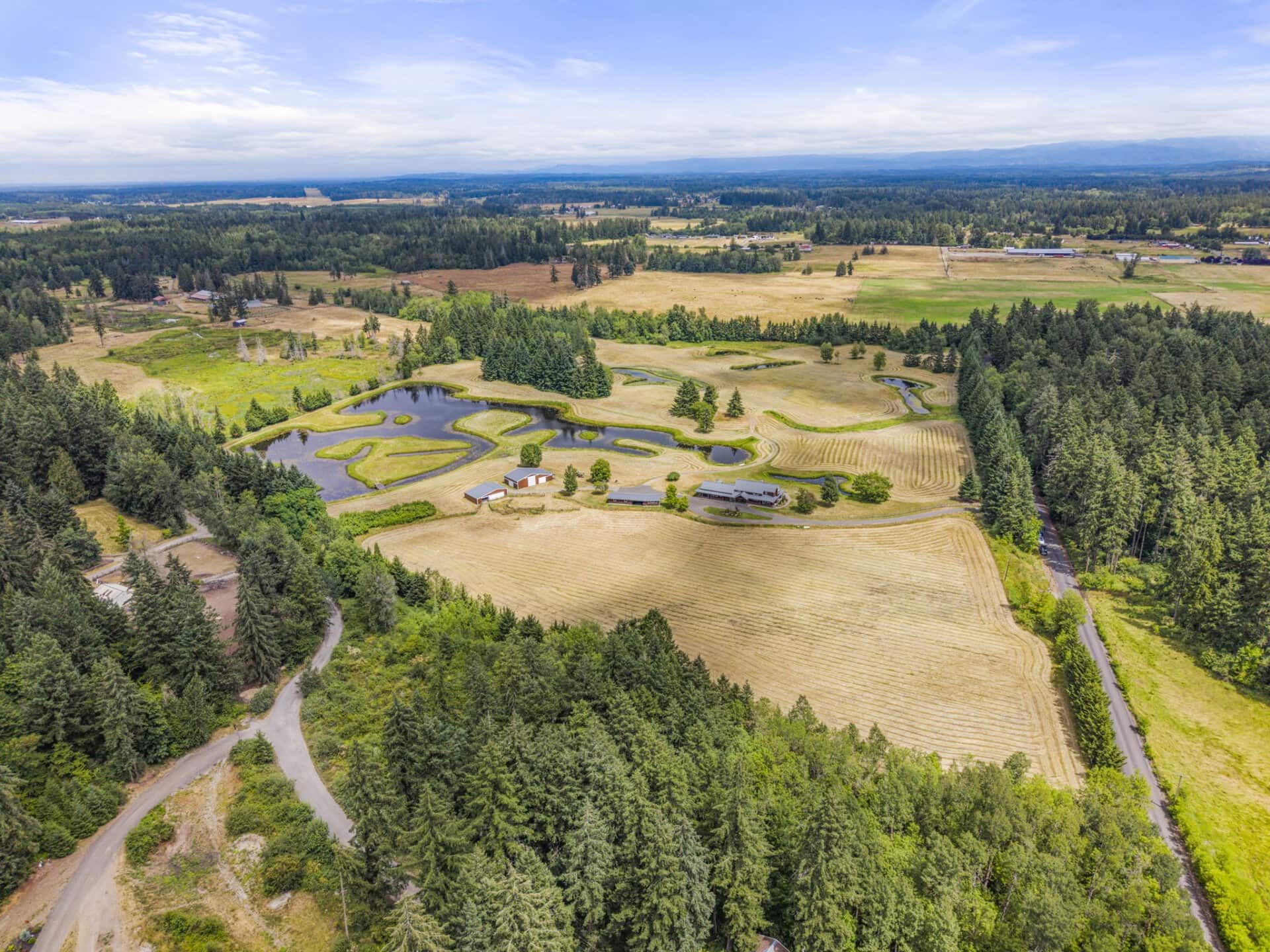 Aerial view of a rural landscape with winding ponds, patchwork fields, and dense evergreen forests surrounding farm buildings.