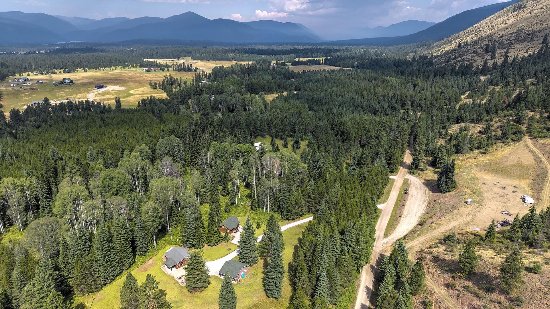 Aerial view of a forested valley with scattered houses, winding roads, and distant mountain range in the background.