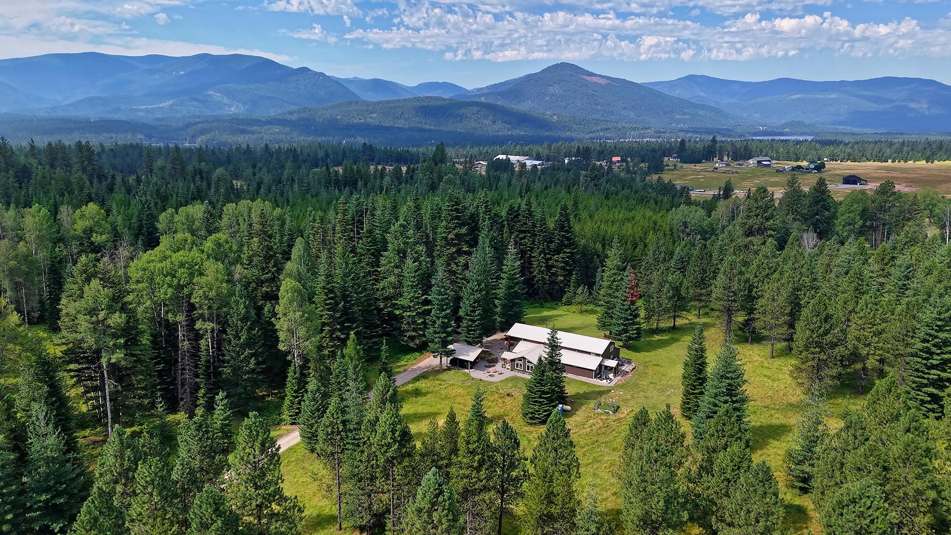 Aerial view of a house in a pine forest with distant mountains under a blue sky.