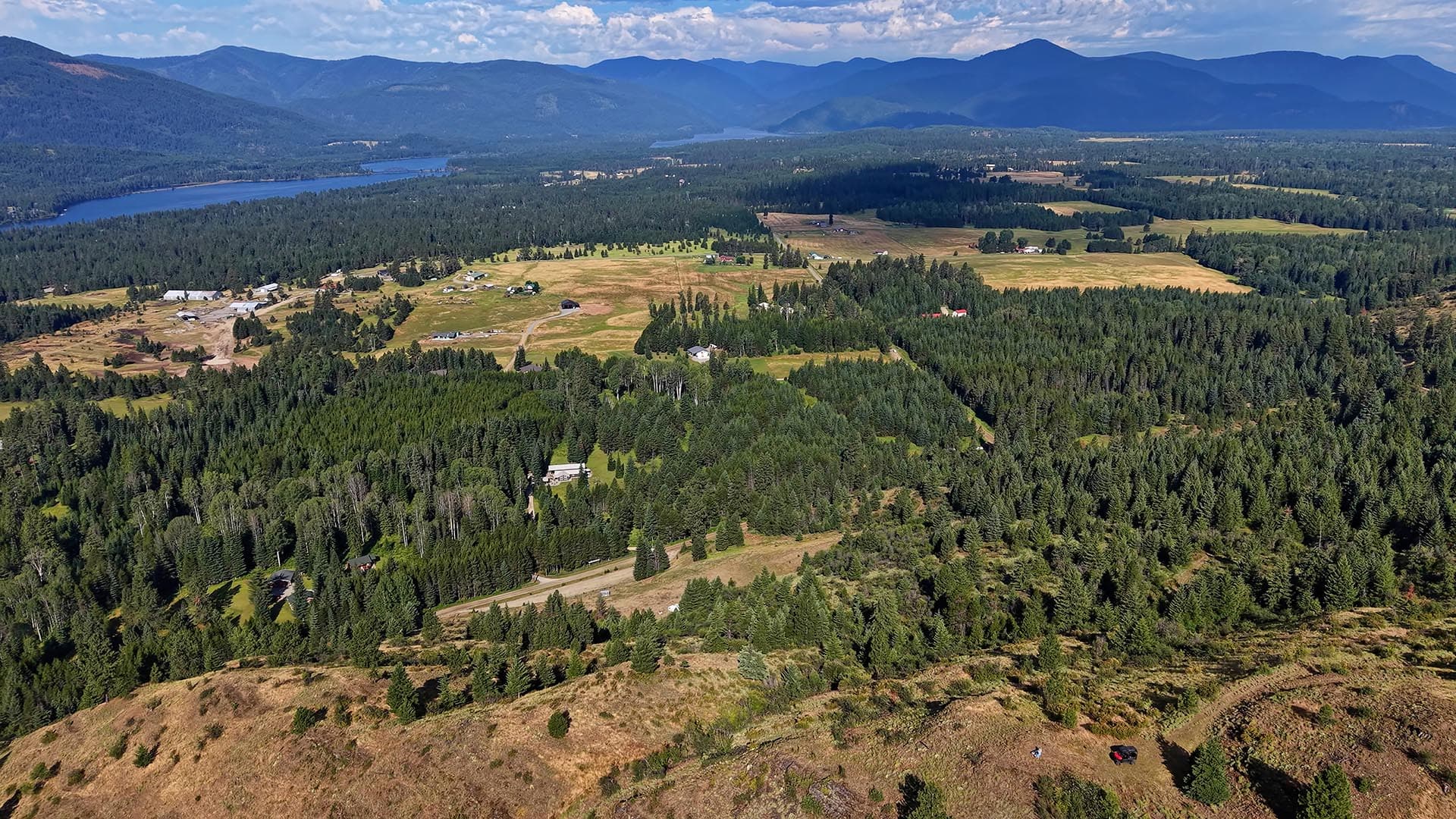 Aerial view of a rural valley with forests, fields, and scattered houses, with a distant mountain range and lake on the horizon.