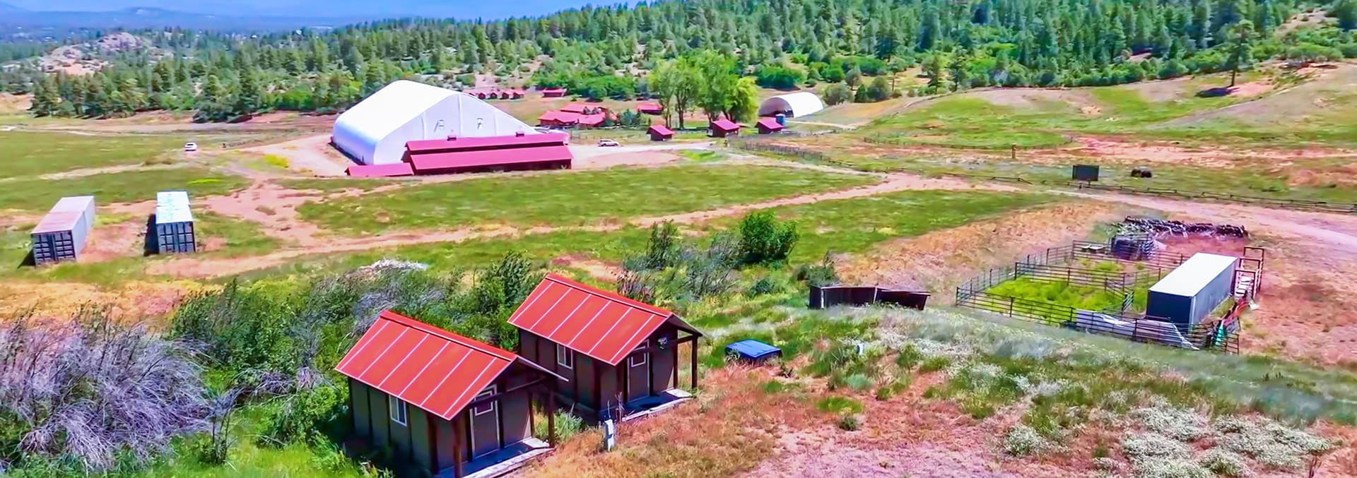 Aerial view of a rural farm with red-roofed cabins, fenced pens, and two large white tent-like buildings amid green fields and trees.