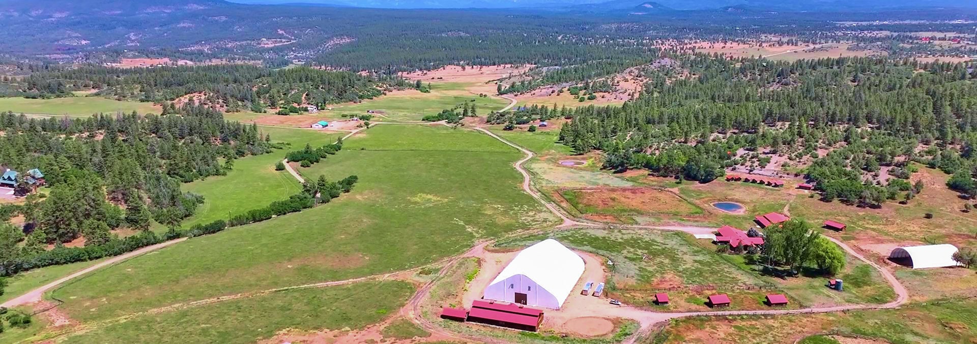 Aerial view of a rural farm complex with green fields, pine trees, dirt roads, and large white event tent amid red-roof buildings.