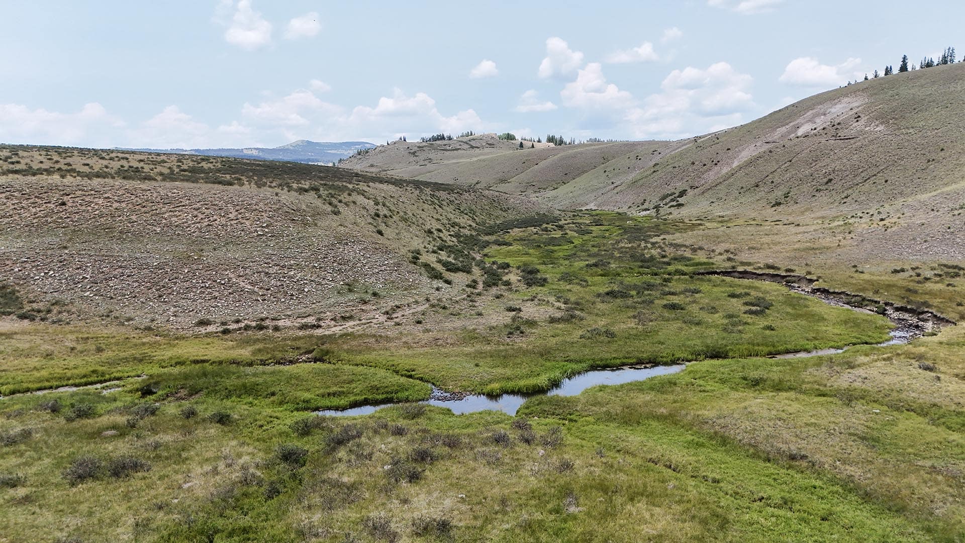 Wide valley with grassy foreground, rocky hills on the left, and a meandering stream through green marshland under a blue sky with clouds.