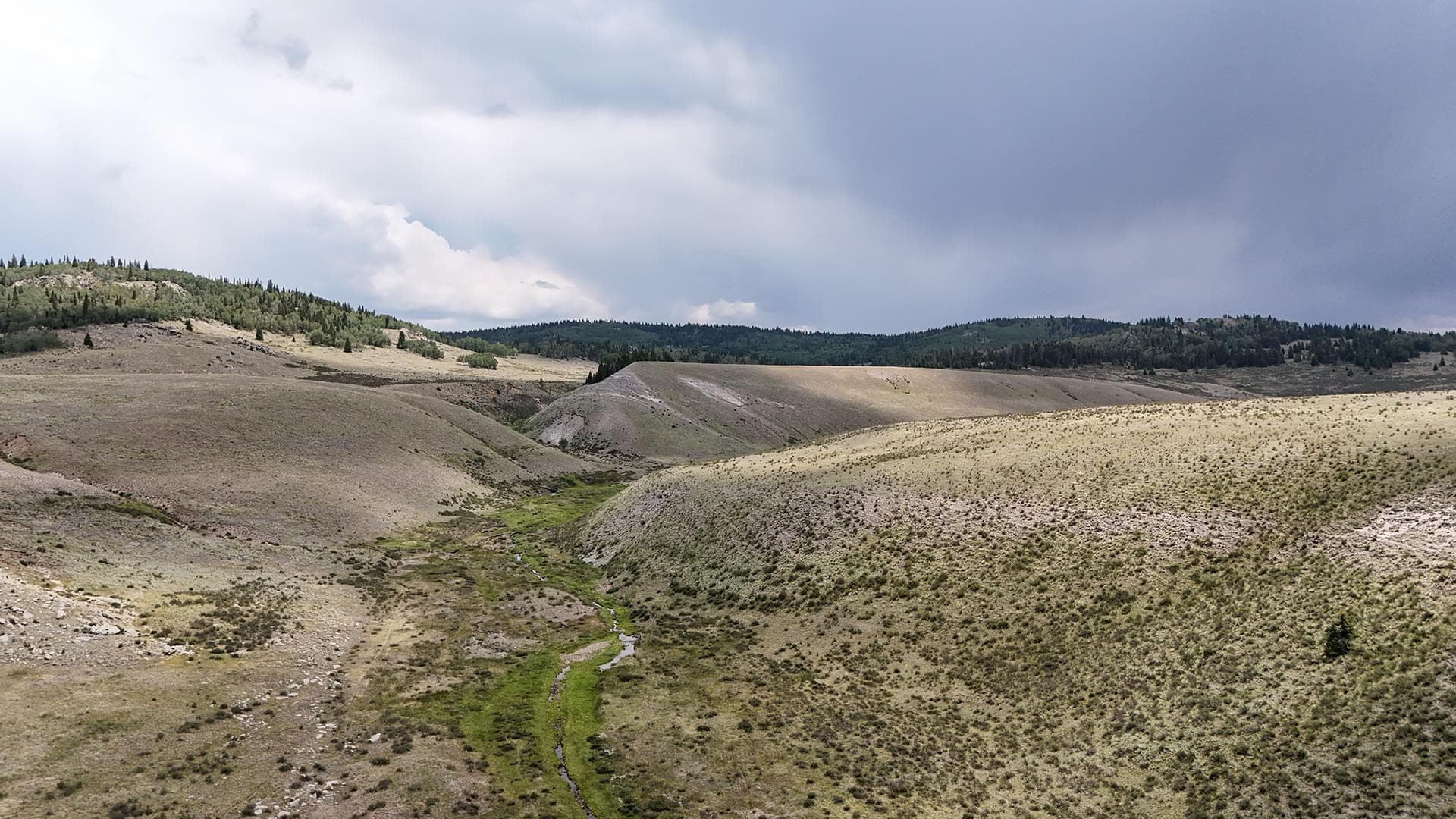 Wide view of rolling, dry hills with a narrow, mossy stream winding through the valley under a cloudy sky.