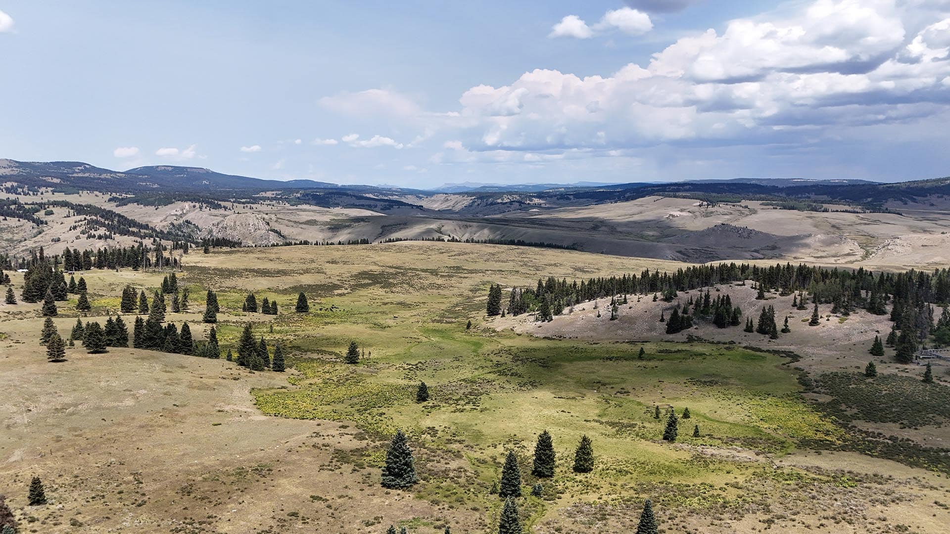 Wide landscape view: grassy valley with scattered trees, rolling hills, and distant mountains under a blue sky.