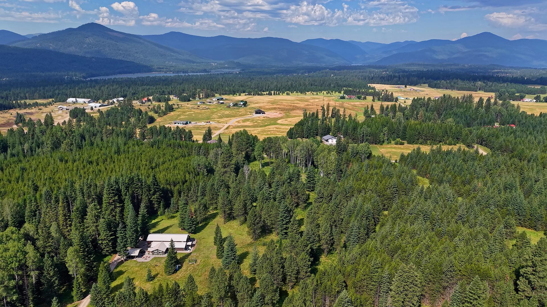 Aerial view of a rural valley with scattered houses, open fields, and dense evergreen forest, mountains in the distance under a cloudy sky.