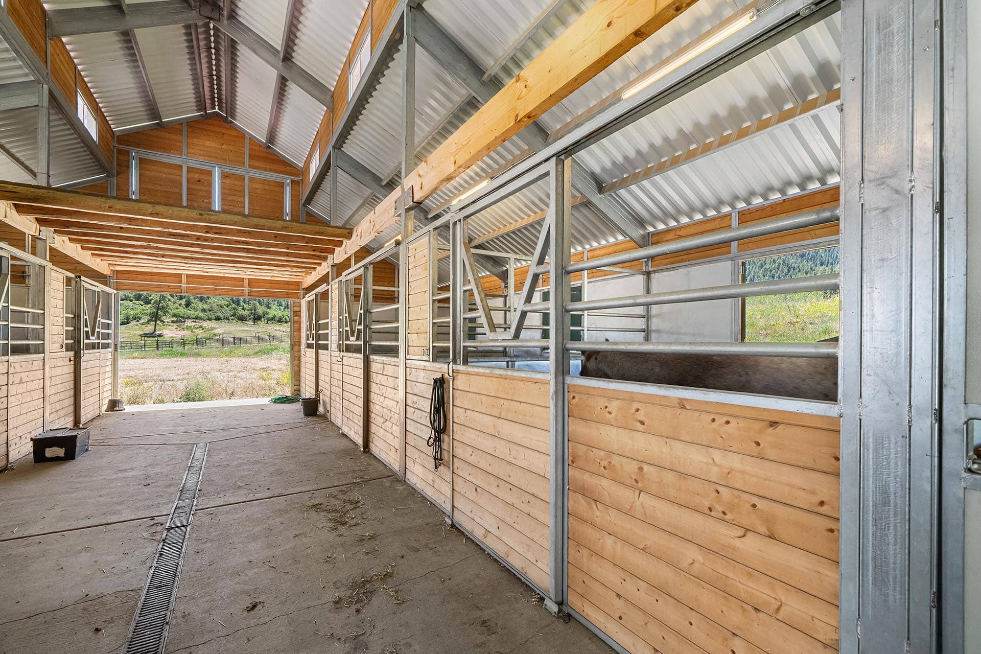Interior of a horse barn with wooden stalls, metal frames, and a concrete central aisle leading to an outdoor field.