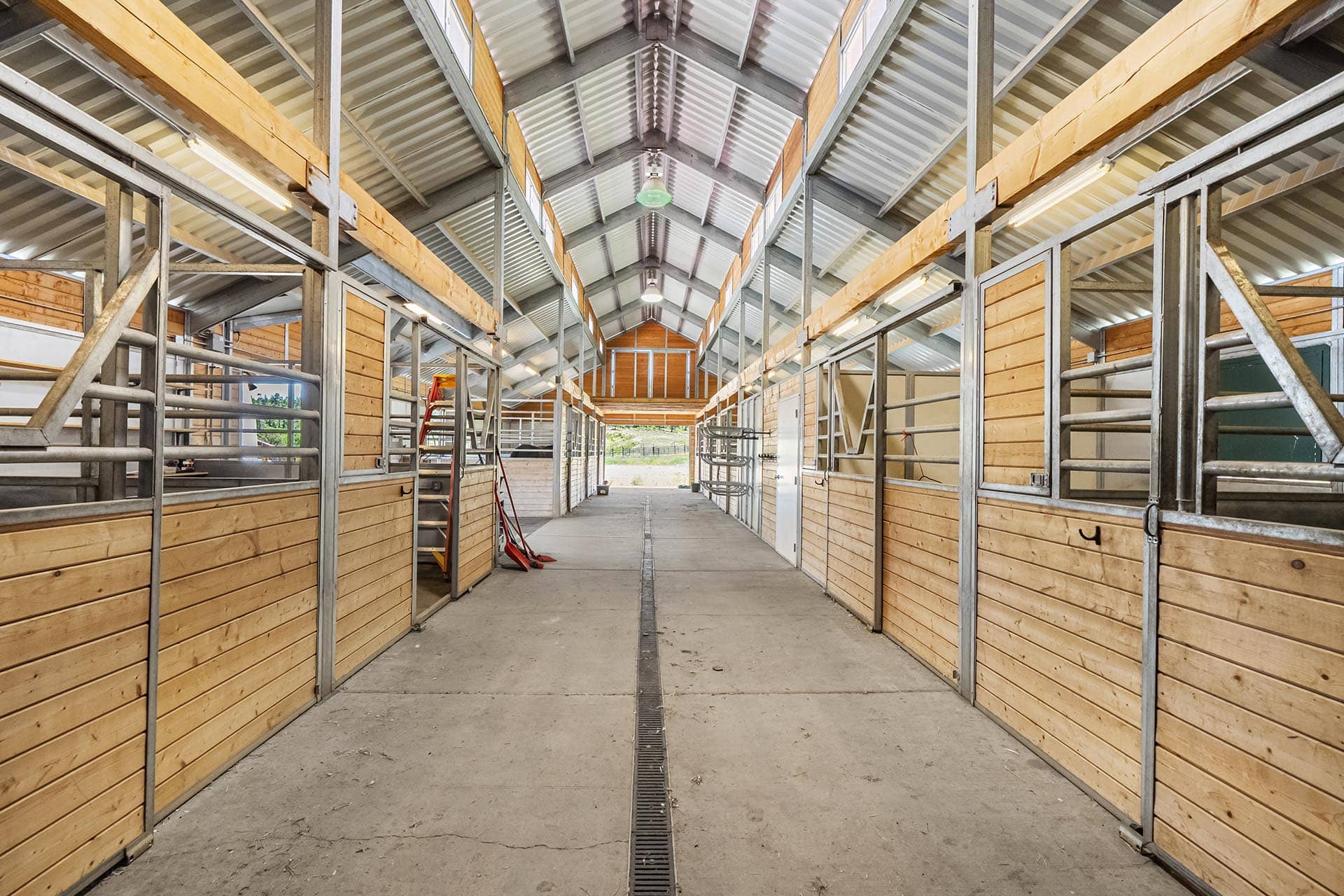 Long central aisle of a two-row horse stable with wooden stall walls and metal frames, empty stalls, and a corrugated metal roof.