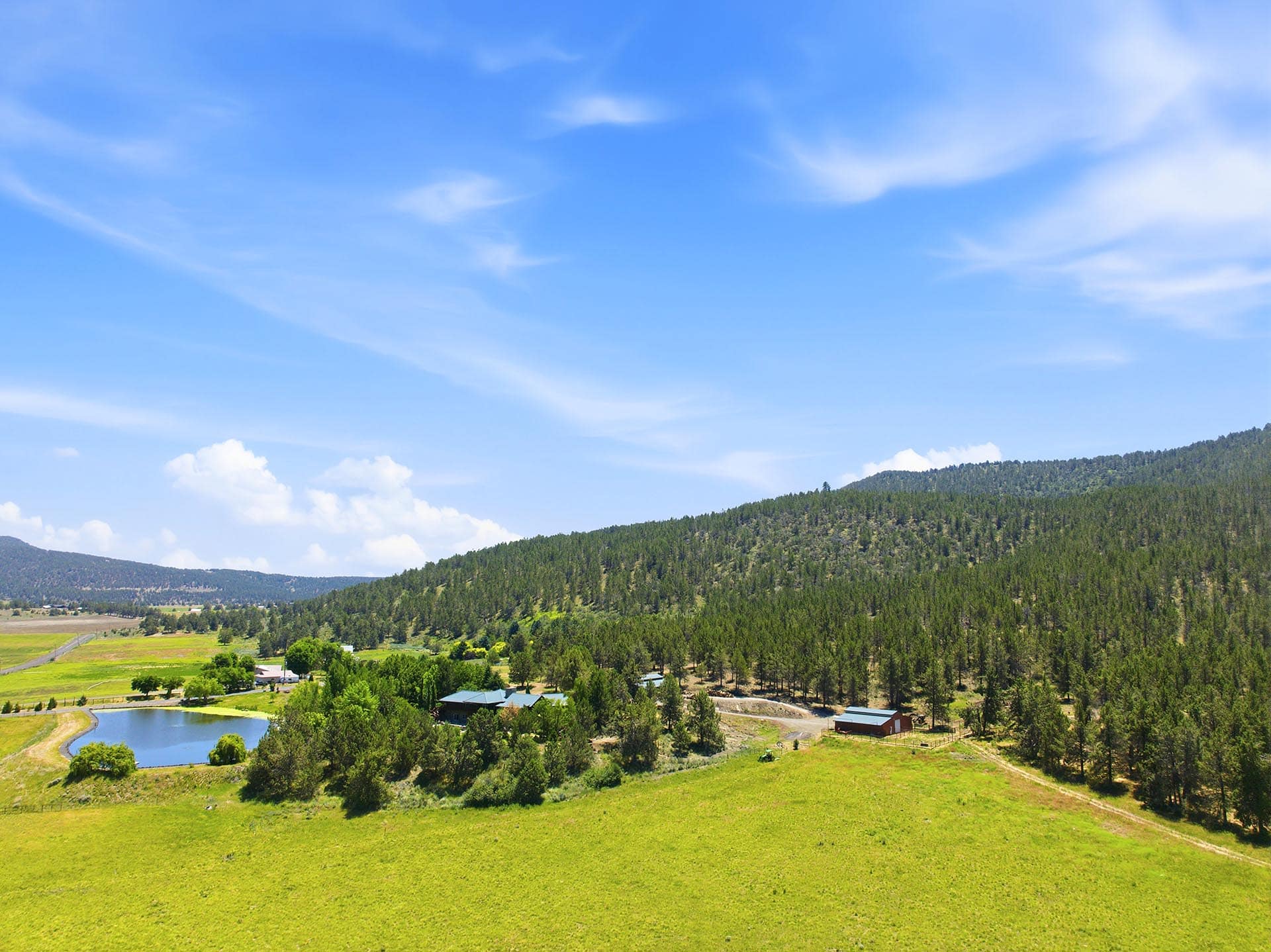Wide rural landscape with green fields, a small pond, scattered buildings, and a forested hill under a blue sky with wispy clouds