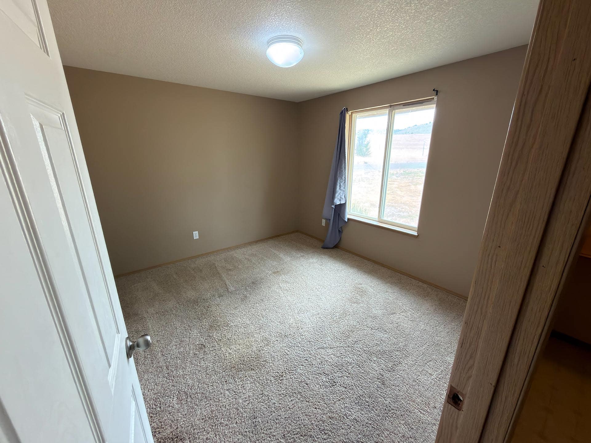 Empty beige bedroom with carpet, a single window with a blue curtain, and an open door showing a wooden frame.