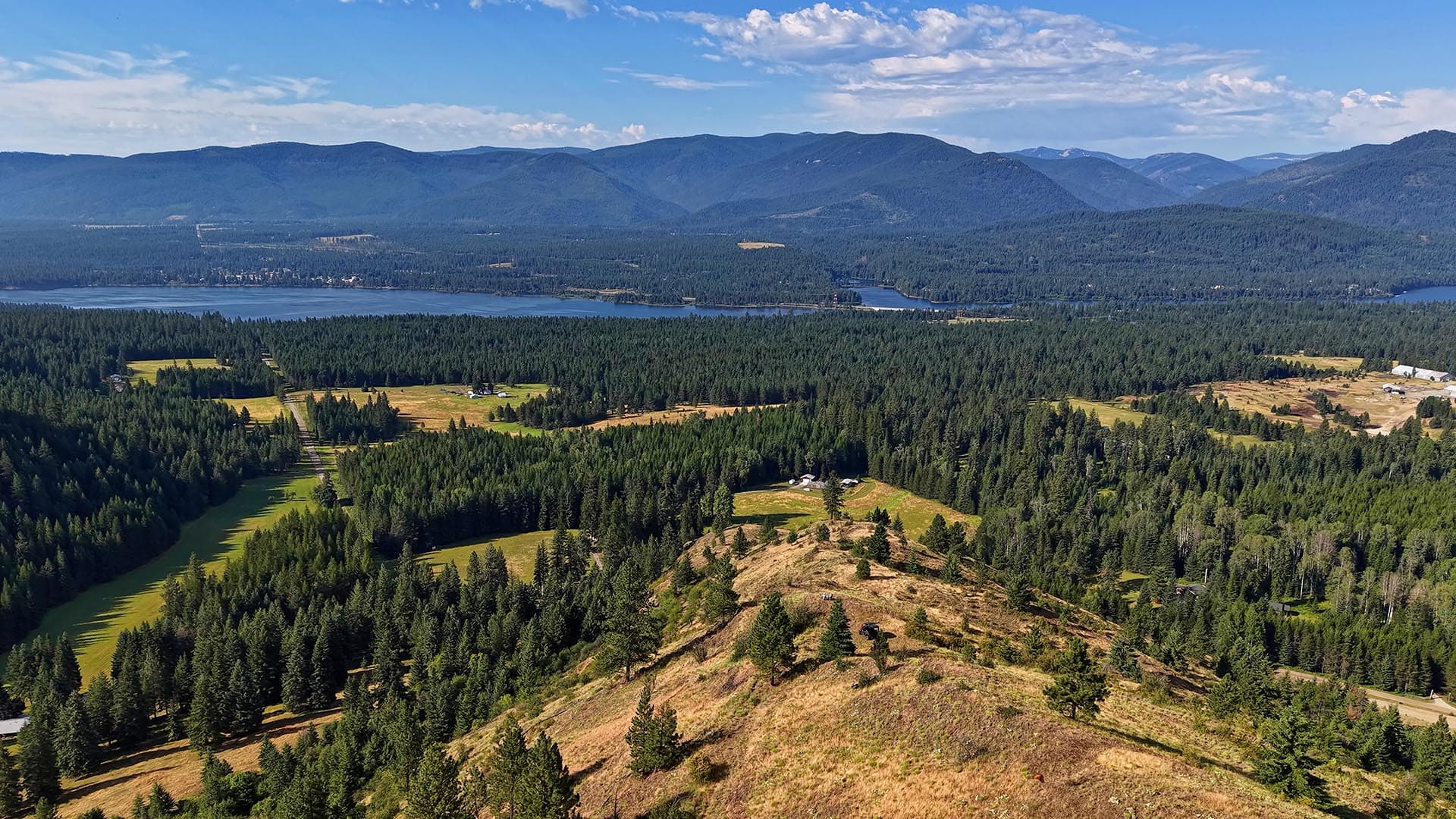 Aerial view of a forested valley with a blue lake and distant mountain range under a clear sky.