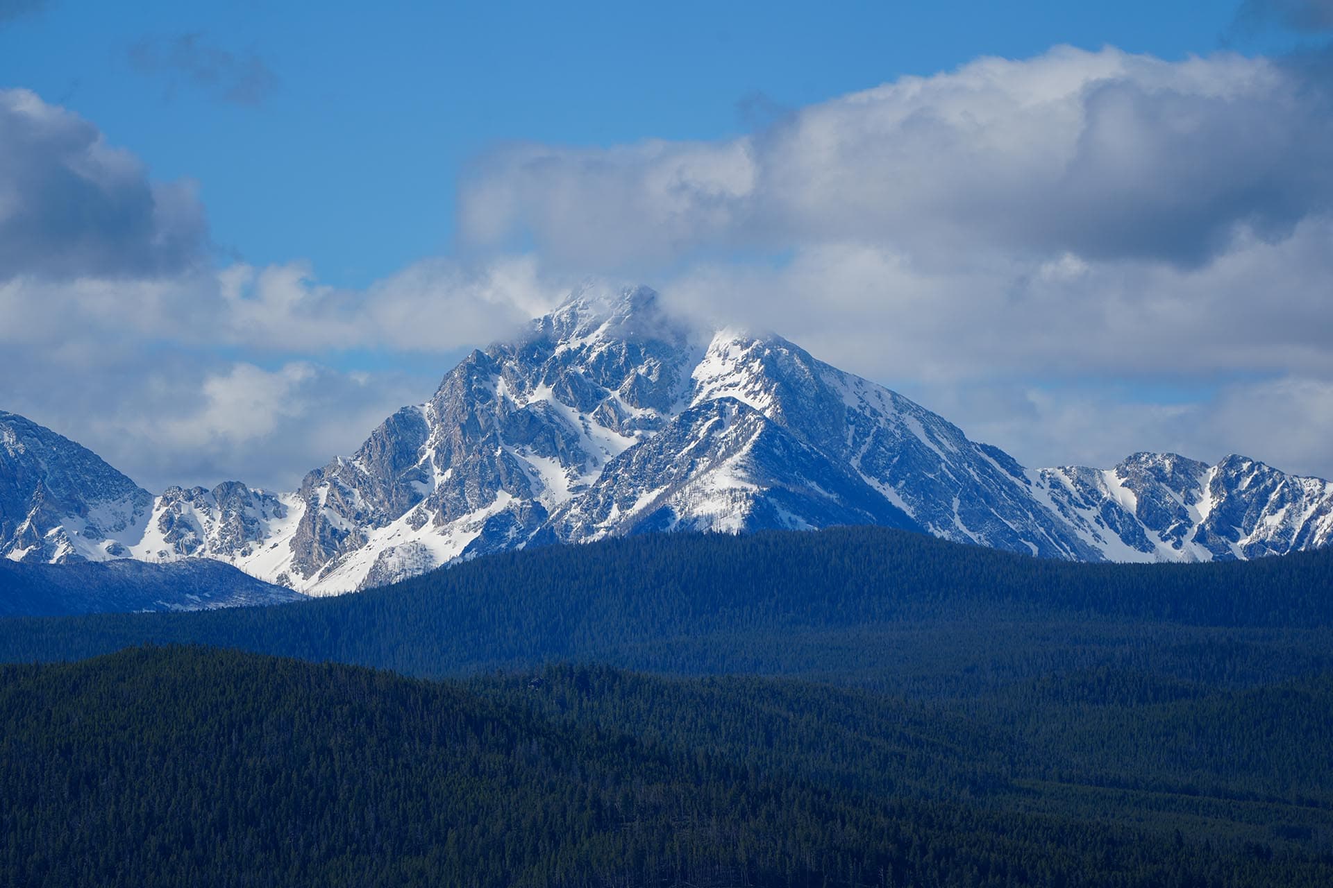 Snow-covered mountain peak rising above a dense evergreen forest under a blue sky with clouds.
