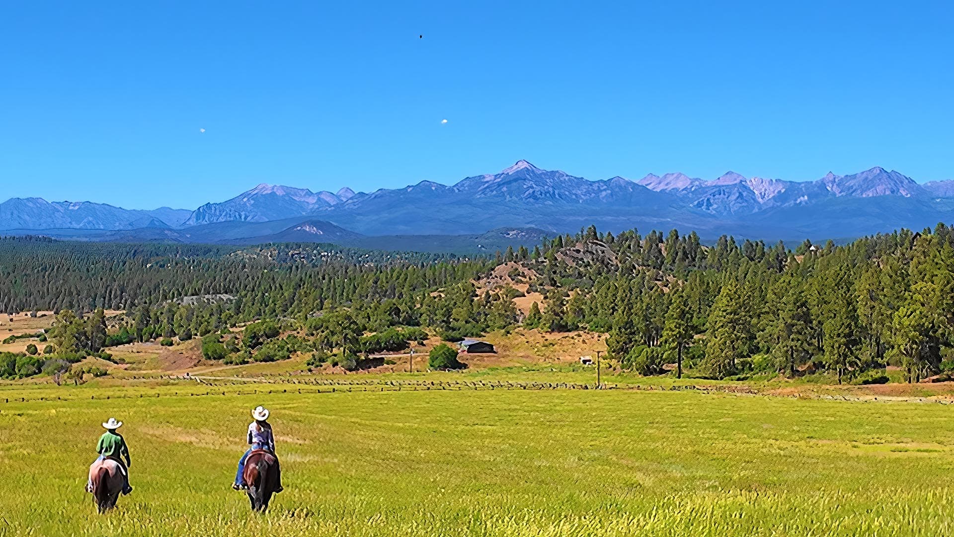 Two people on horseback ride across a grassy field toward a forested valley and distant mountain range under a clear blue sky.
