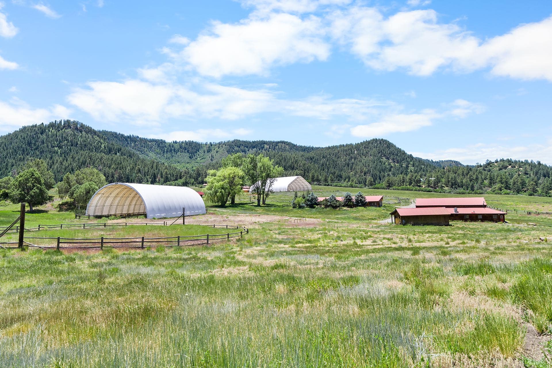 Rural farm landscape with two white hoop greenhouses, red-roof barns, and green fields under a blue sky and forested hills.