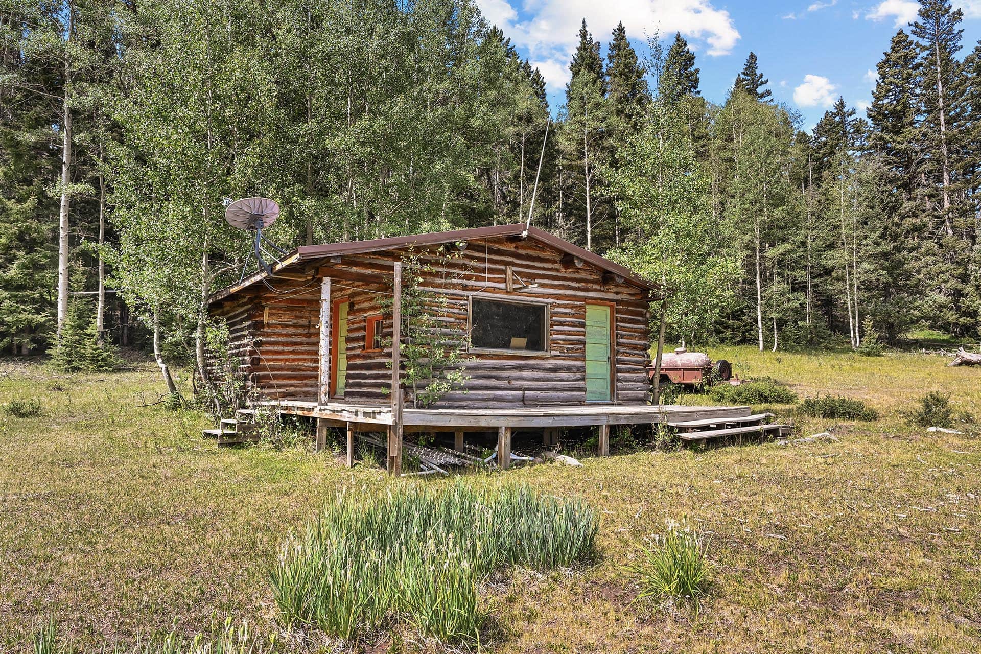 Rustic log cabin on stilts in a grassy clearing, with a satellite dish on the roof and tall trees all around.