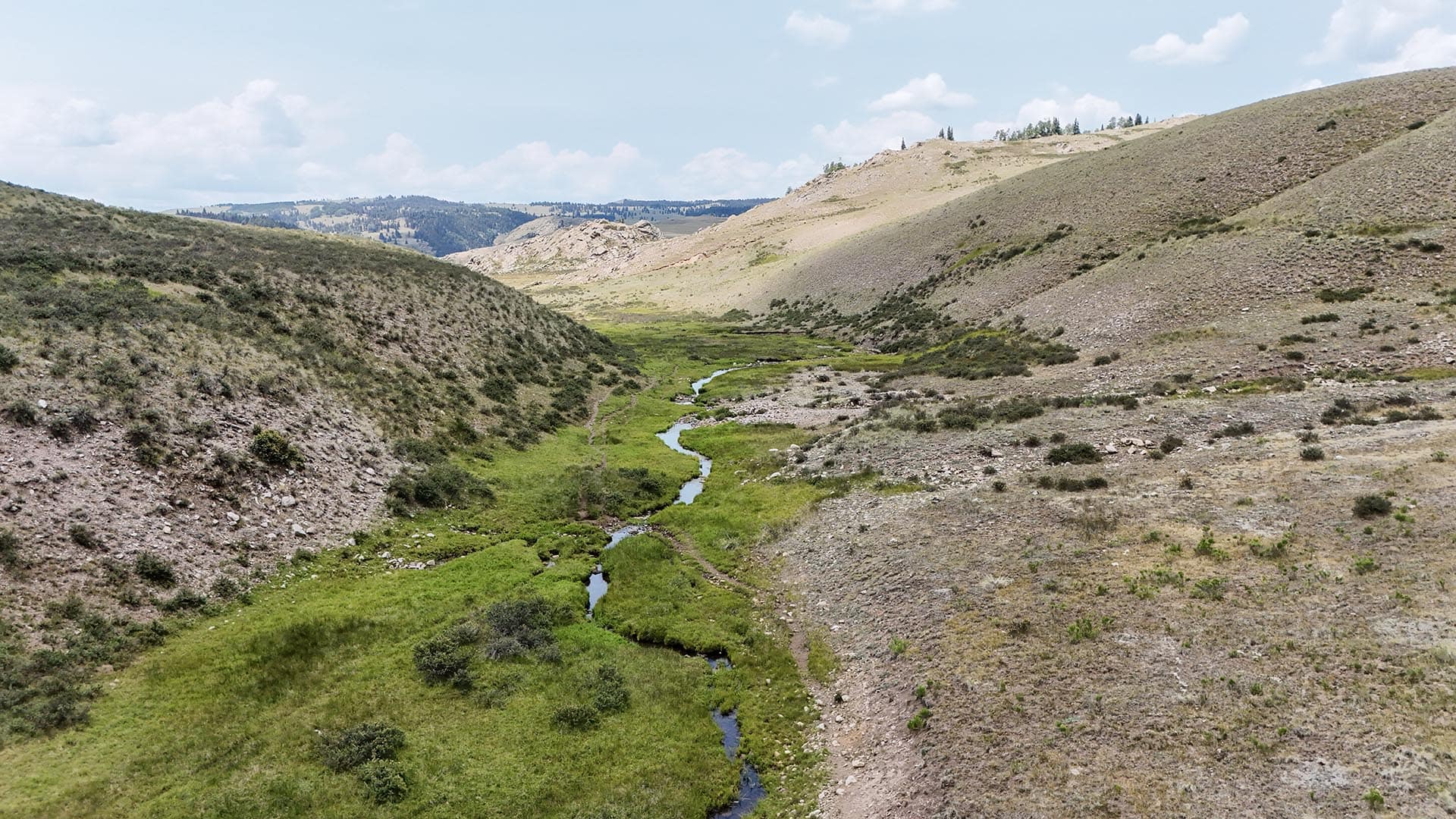 Arid hillside valley with a narrow, winding stream cutting through green vegetation in the center of the scene.