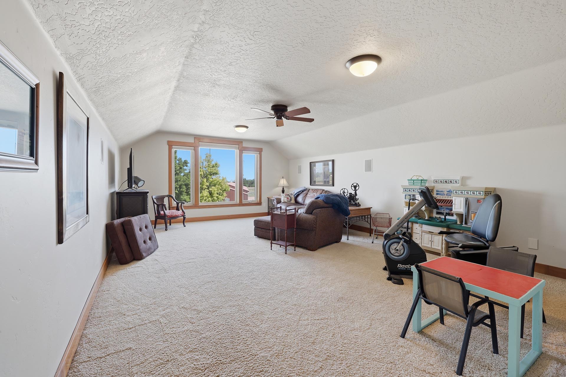 Sunlit living room with a beige carpet, brown sofa, and large front window showing trees outside.