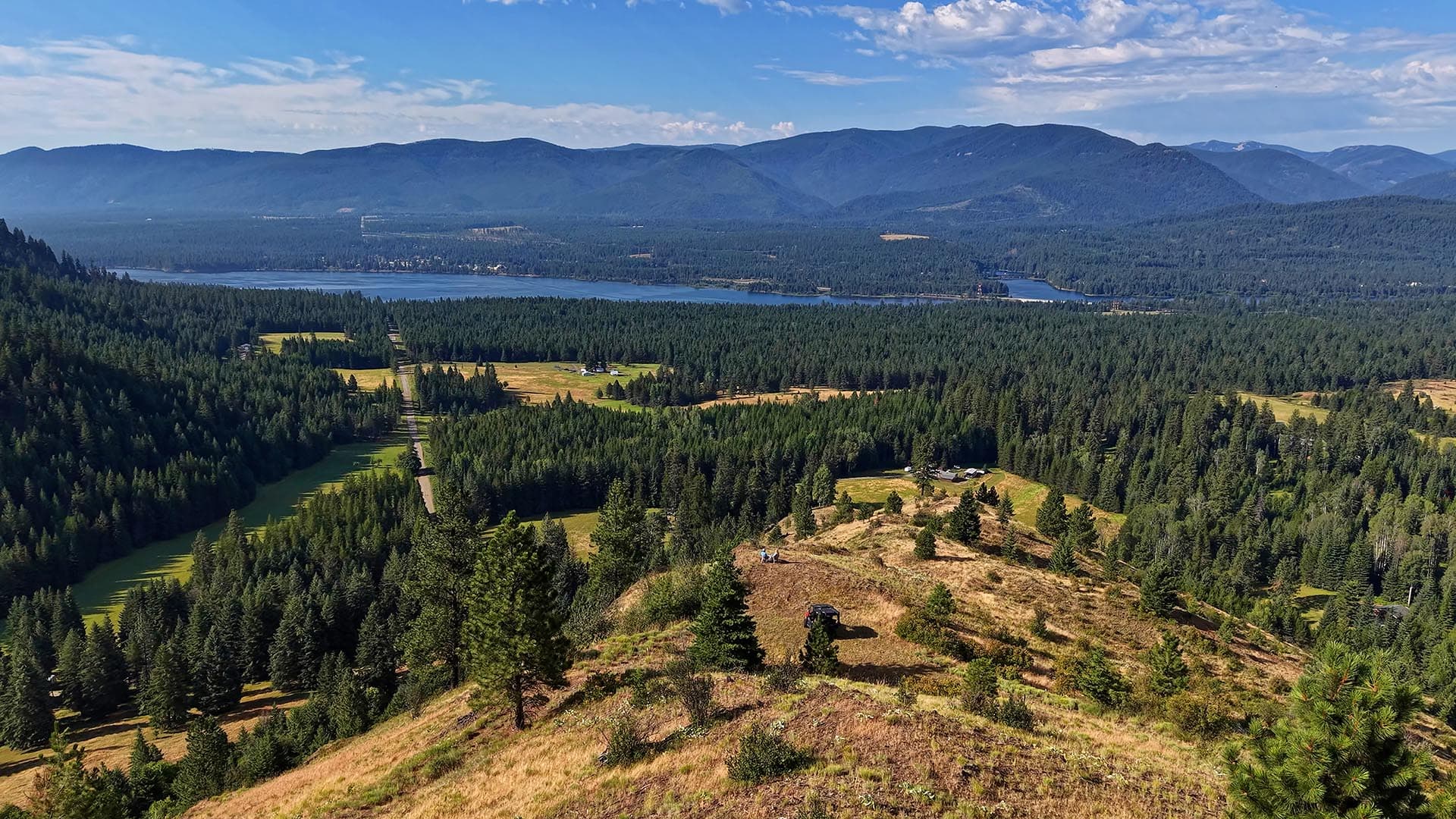 Aerial view of a forested valley with a lake and distant blue mountain range under a clear sky.