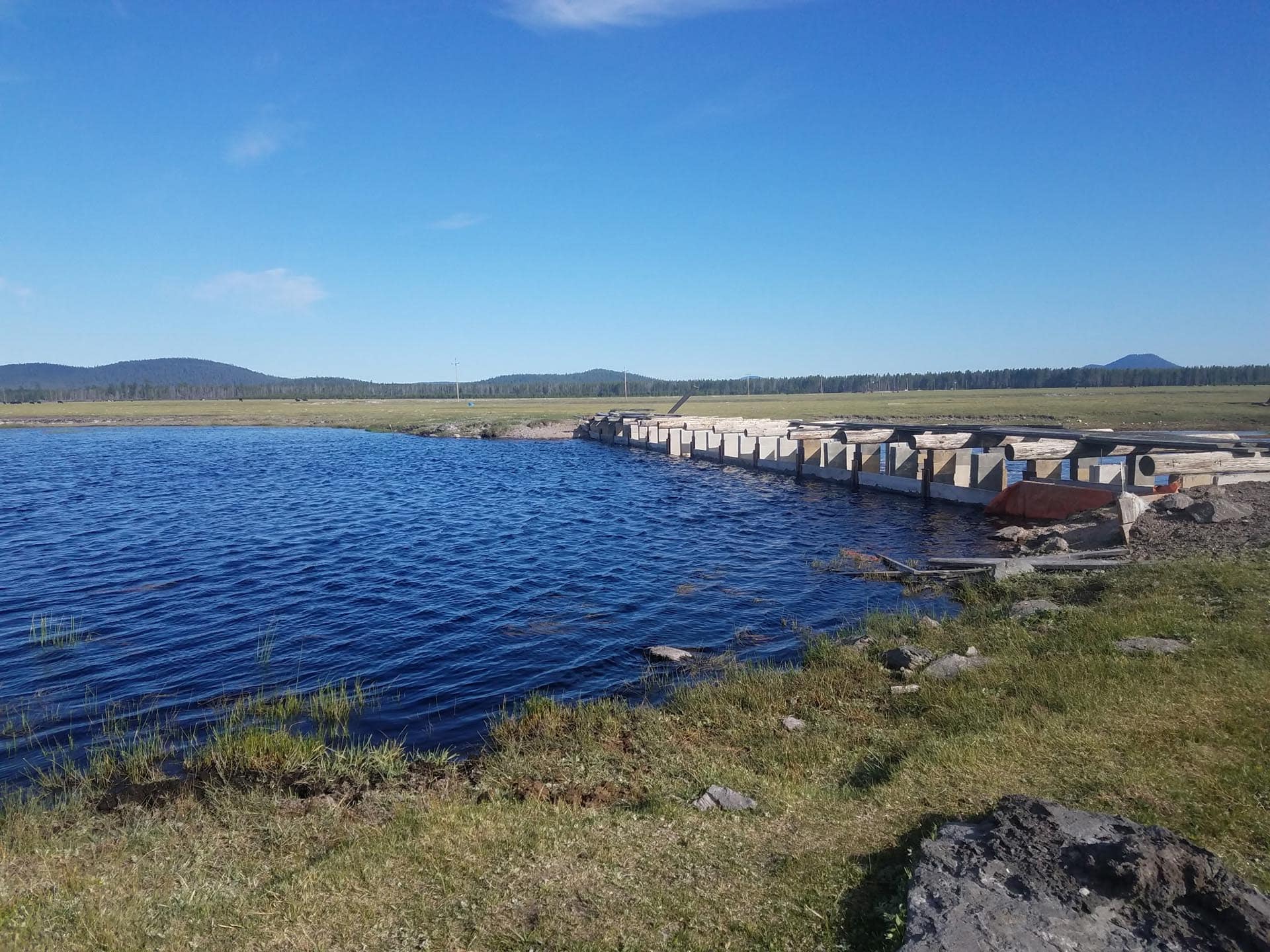 A calm lake with a wooden pier extending into the water, grassy shore and distant tree-covered hills under a clear blue sky.