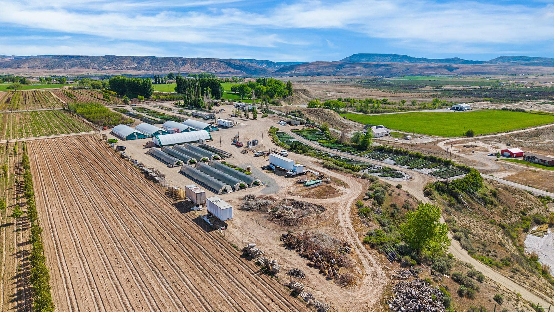 Aerial view of a farm with greenhouses, fields, and orderly crop rows under a blue sky and distant mountains.