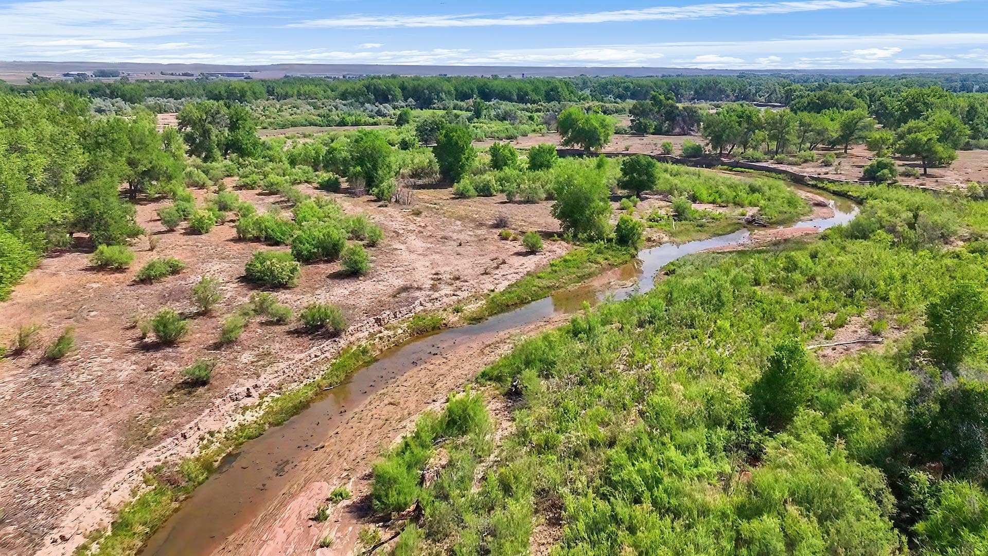 Aerial view of a winding river through a semi-arid landscape with green trees and scrubby banks under blue sky.