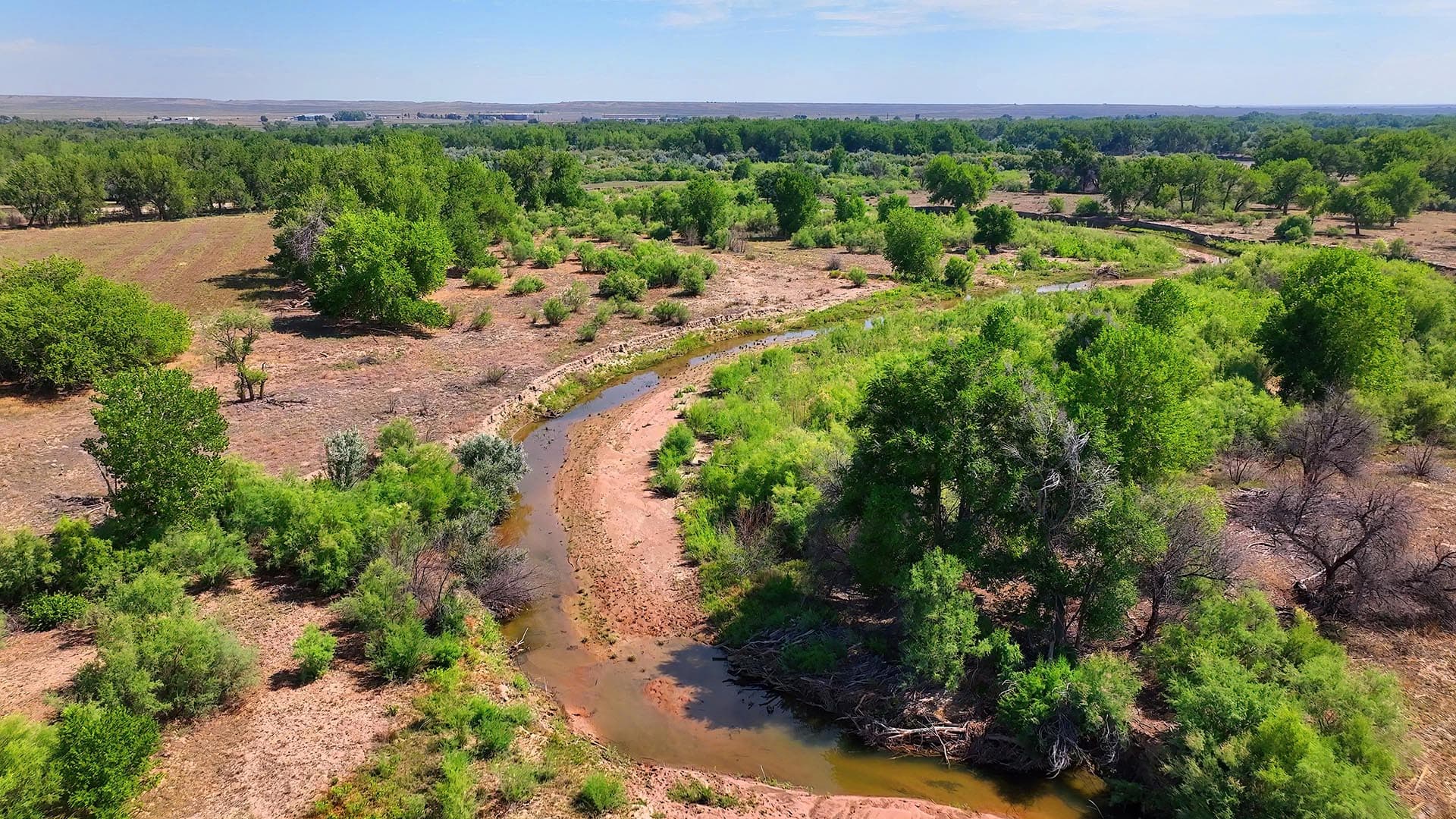 Aerial view of a meandering river through a green, tree-filled riparian corridor in a dry rural landscape for farming land nearby.
