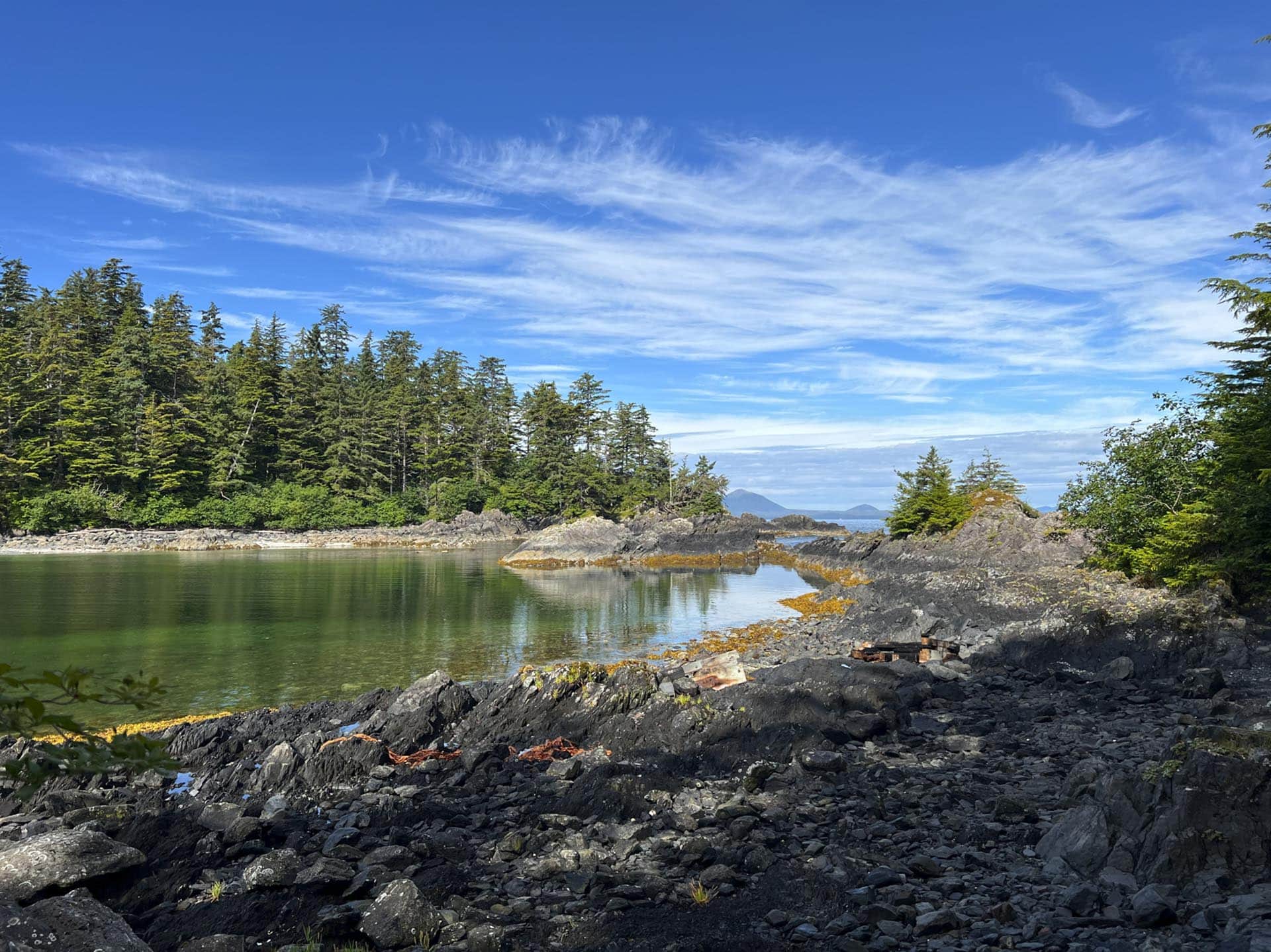 Rocky shoreline with a calm green inlet, dense evergreen trees, and a blue sky with wispy clouds.