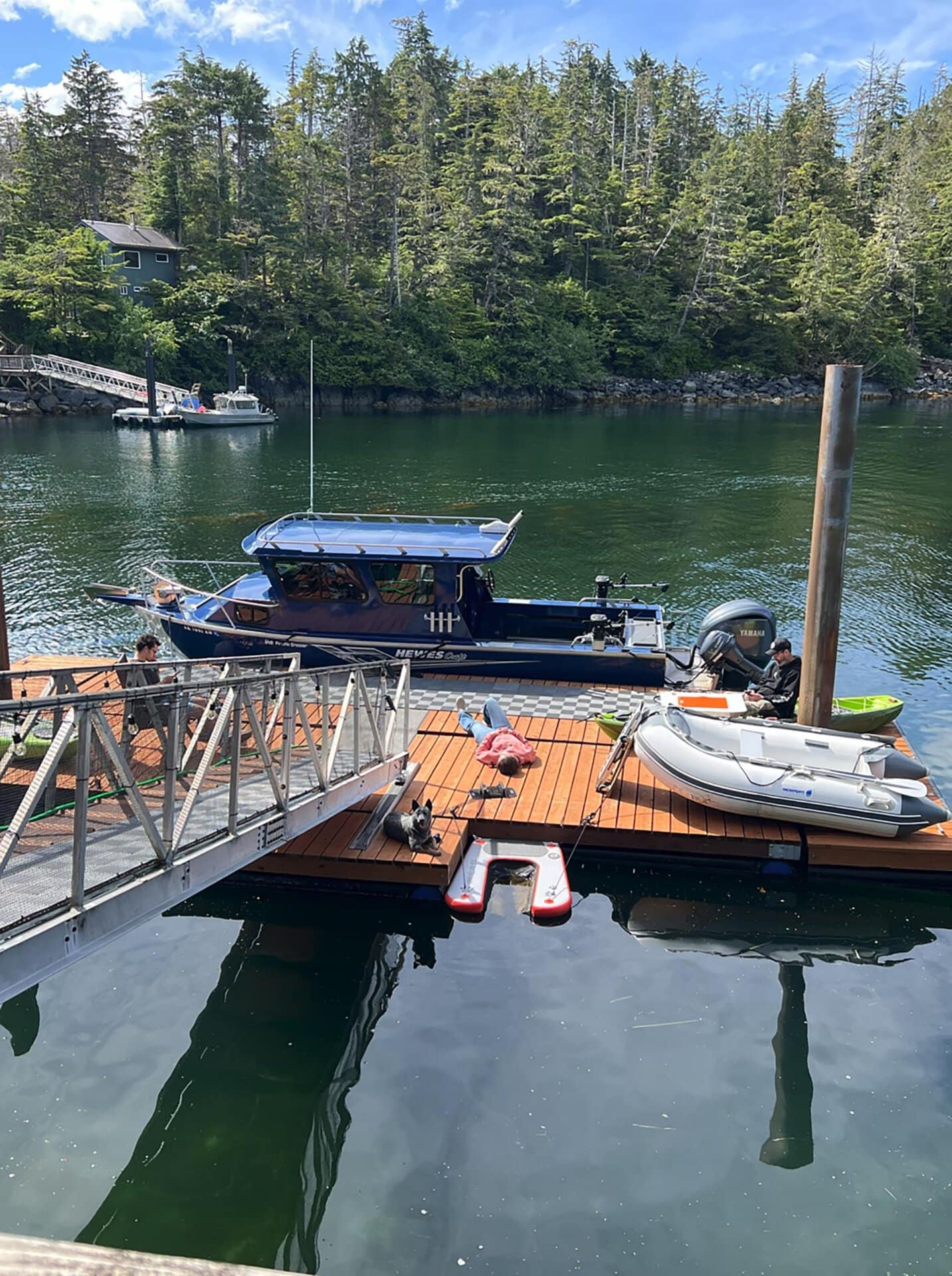 Dockside scene with a blue motorboat tied to a wooden platform, calm green water, and a forested shoreline in the background.