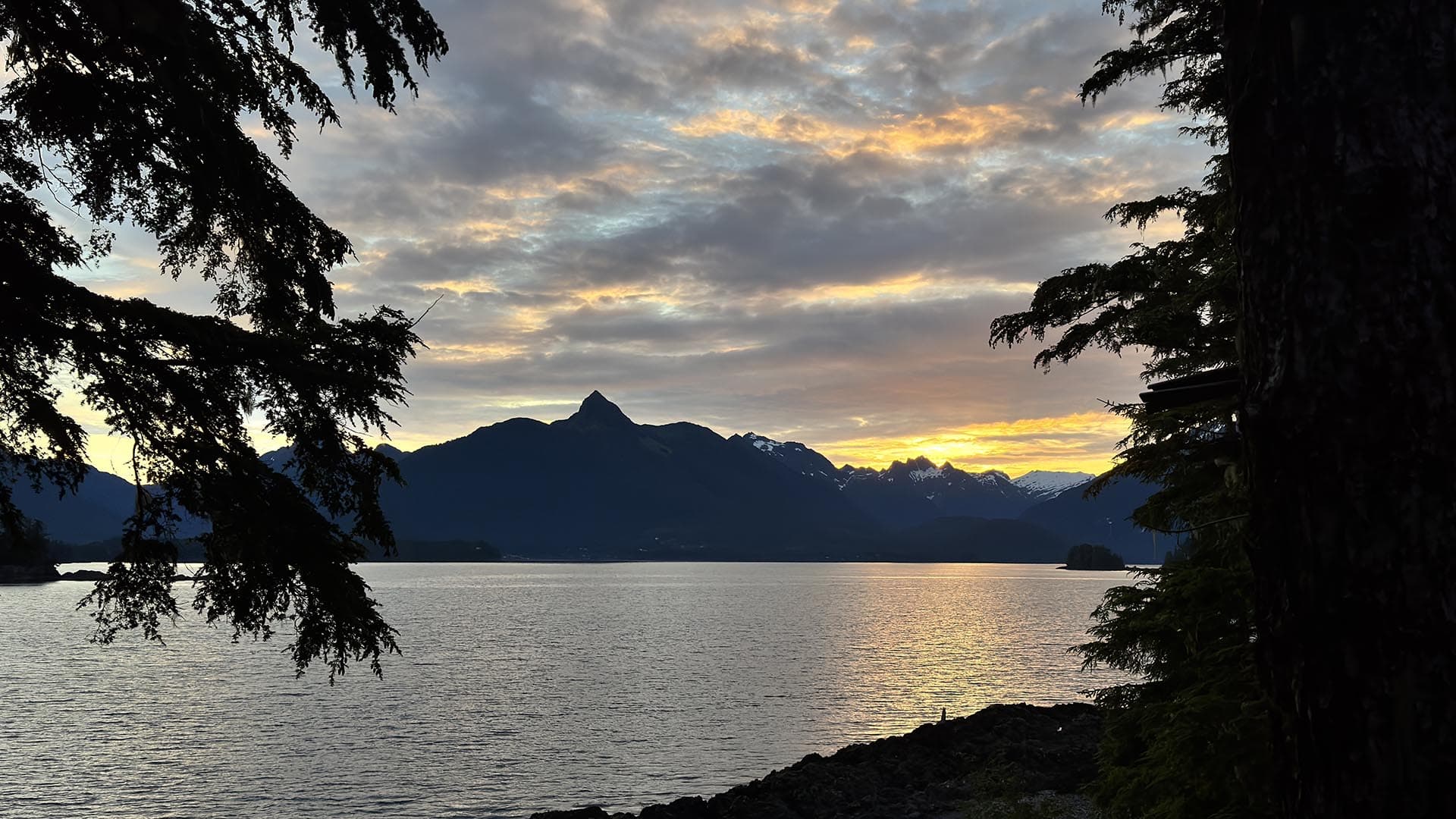 Sunset over a lake with silhouetted mountains in the distance, framed by dark tree branches in the foreground.