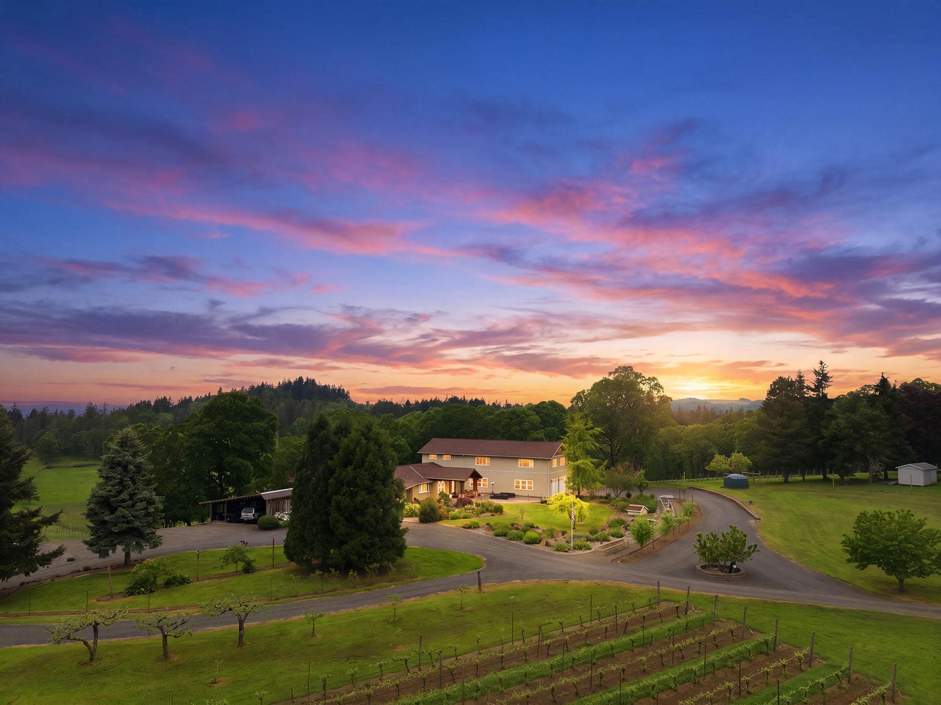 Suburban neighborhood at sunset with winding roads, green lawns, and rows of trees under a pink-blue sky.