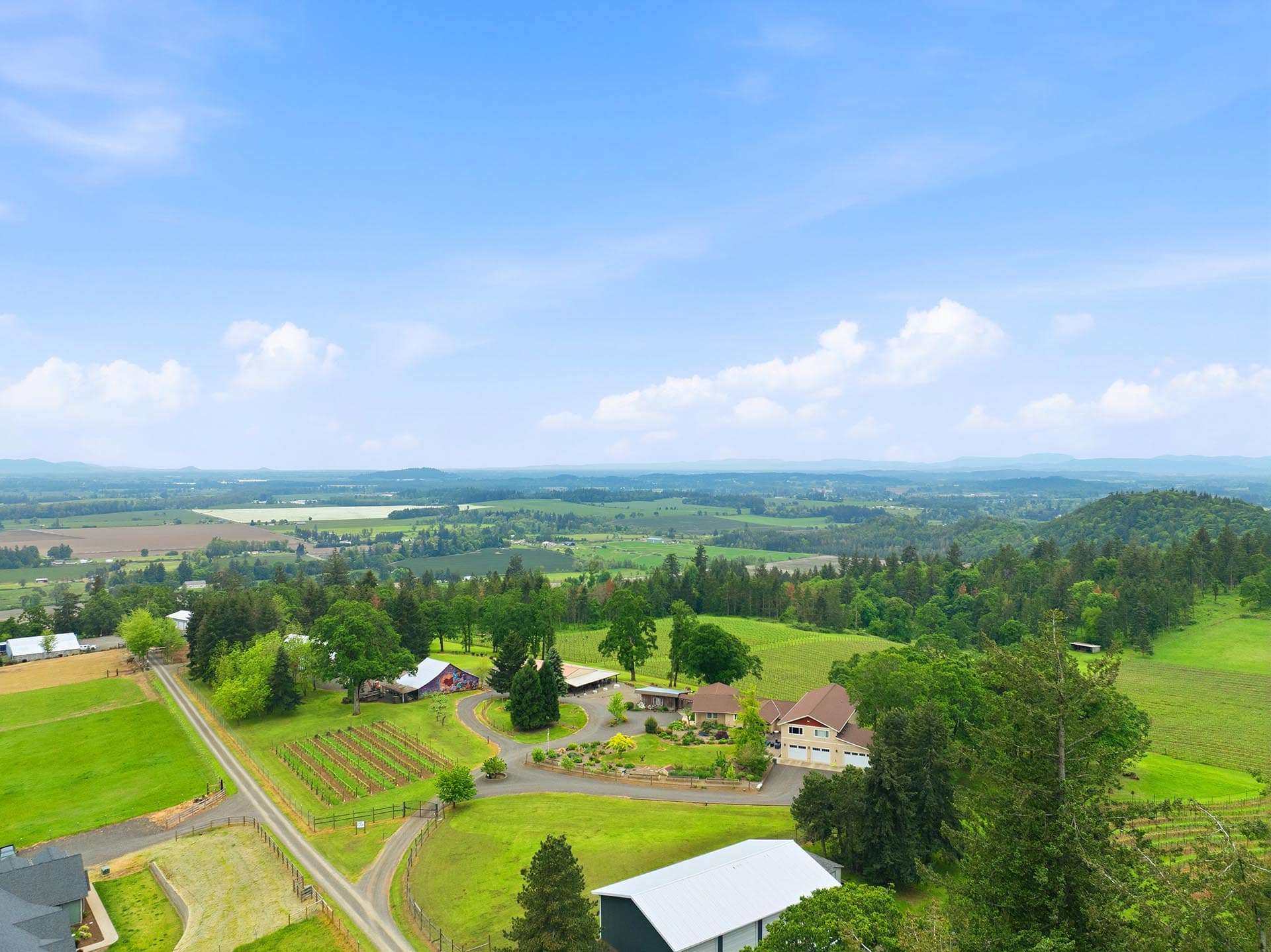 Aerial view of a rural valley with farmland, houses, and winding roads under a clear blue sky.